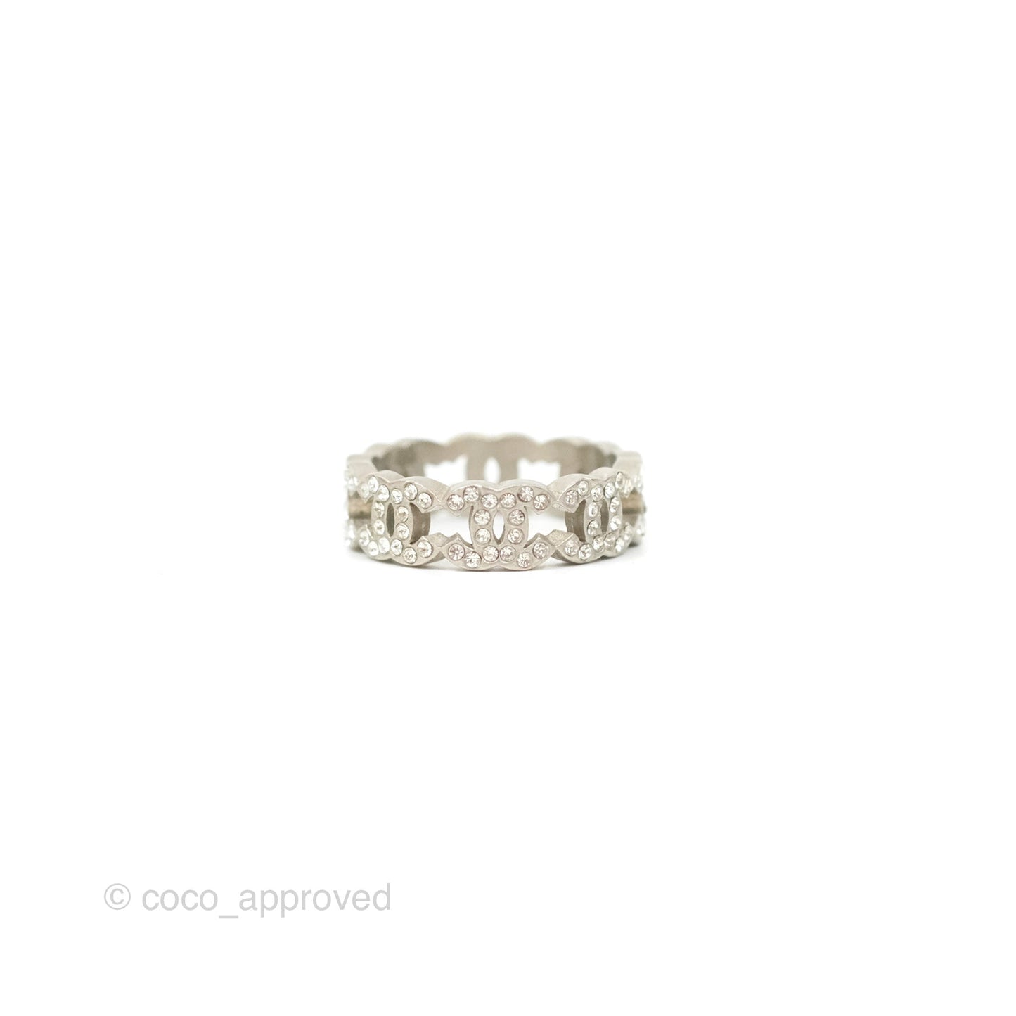 Chanel CC Crystal Ring Brushed Silver Tone