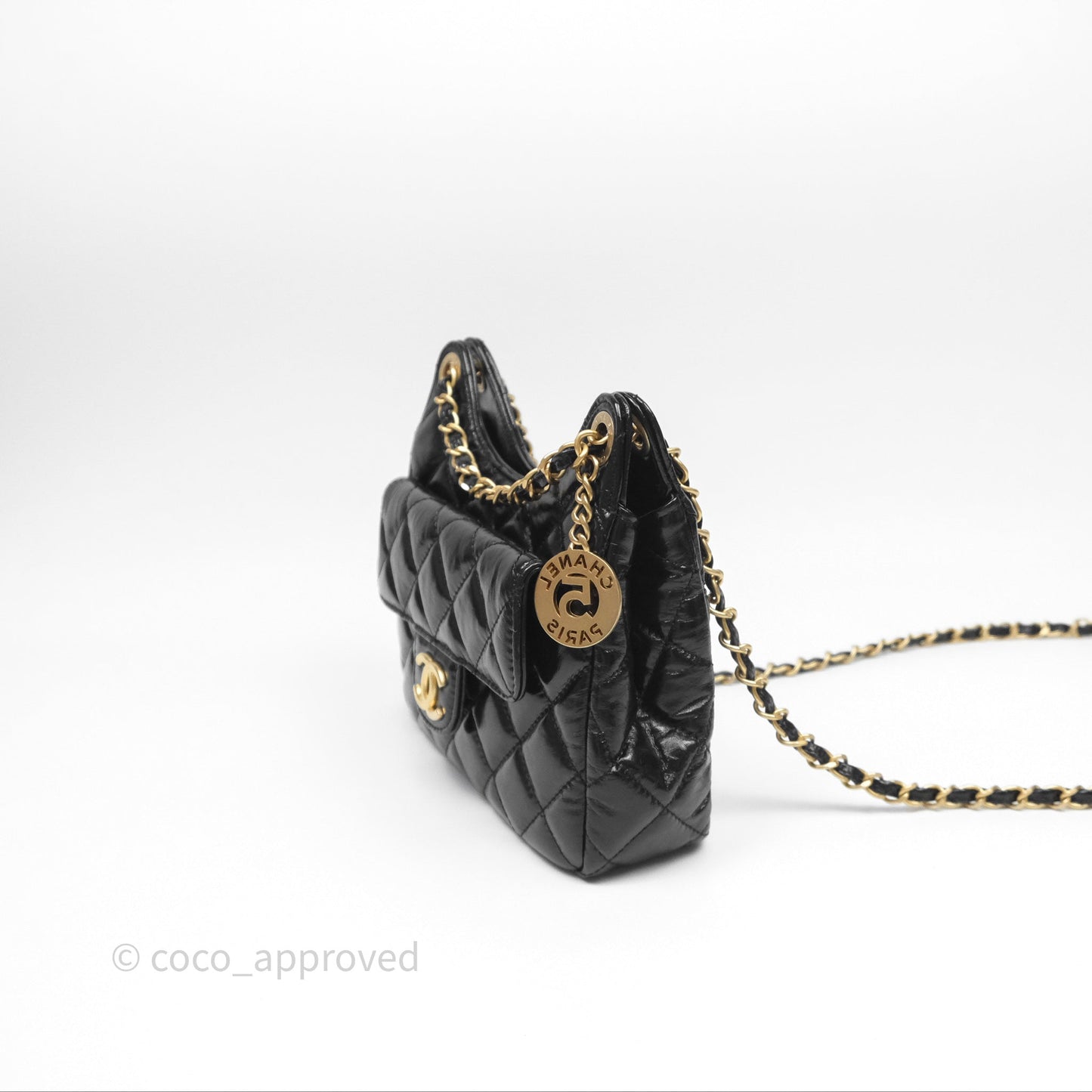 Chanel Small Wavy CC Hobo Black Shiny Crumpled Calfskin Aged Gold Hardware 23C