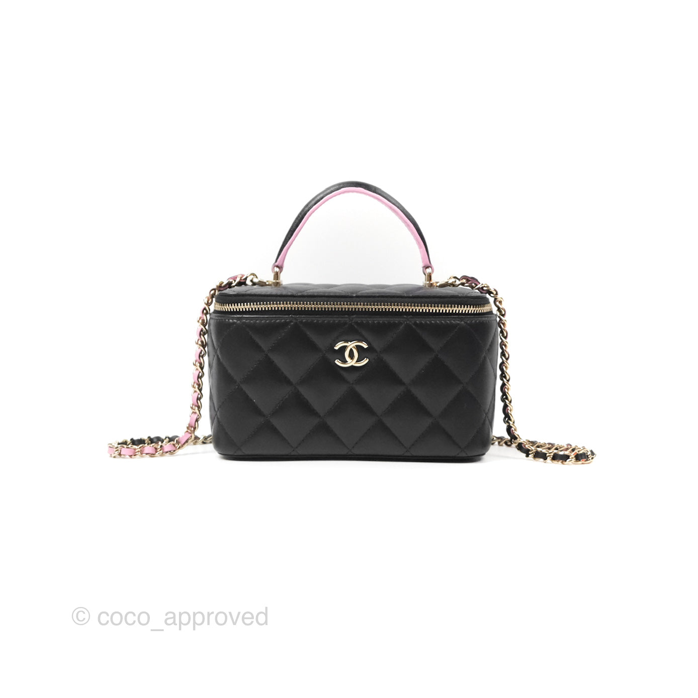 Chanel Vanity Rectangular Top Handle Black Pink Lambskin Gold Hardware