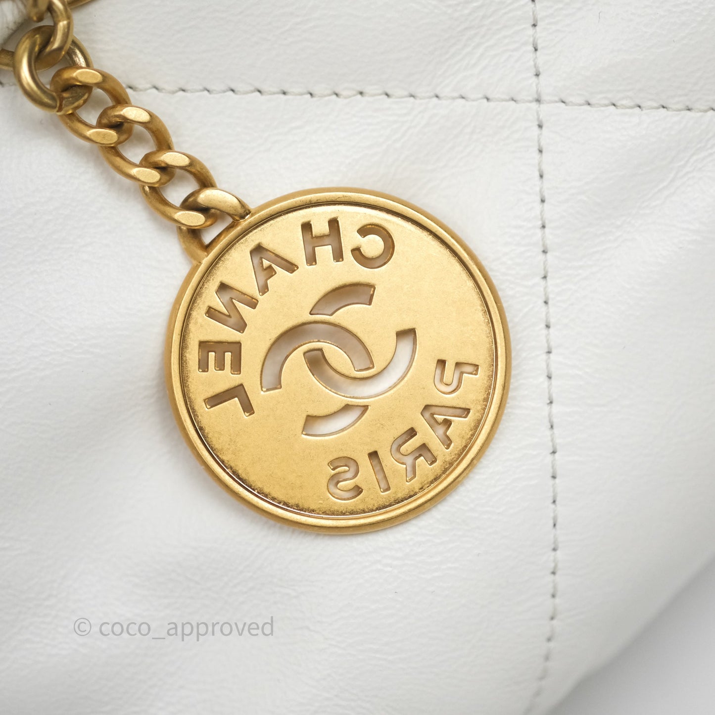 Chanel 22 Small White Aged Calfskin Black Logo Aged Gold Hardware