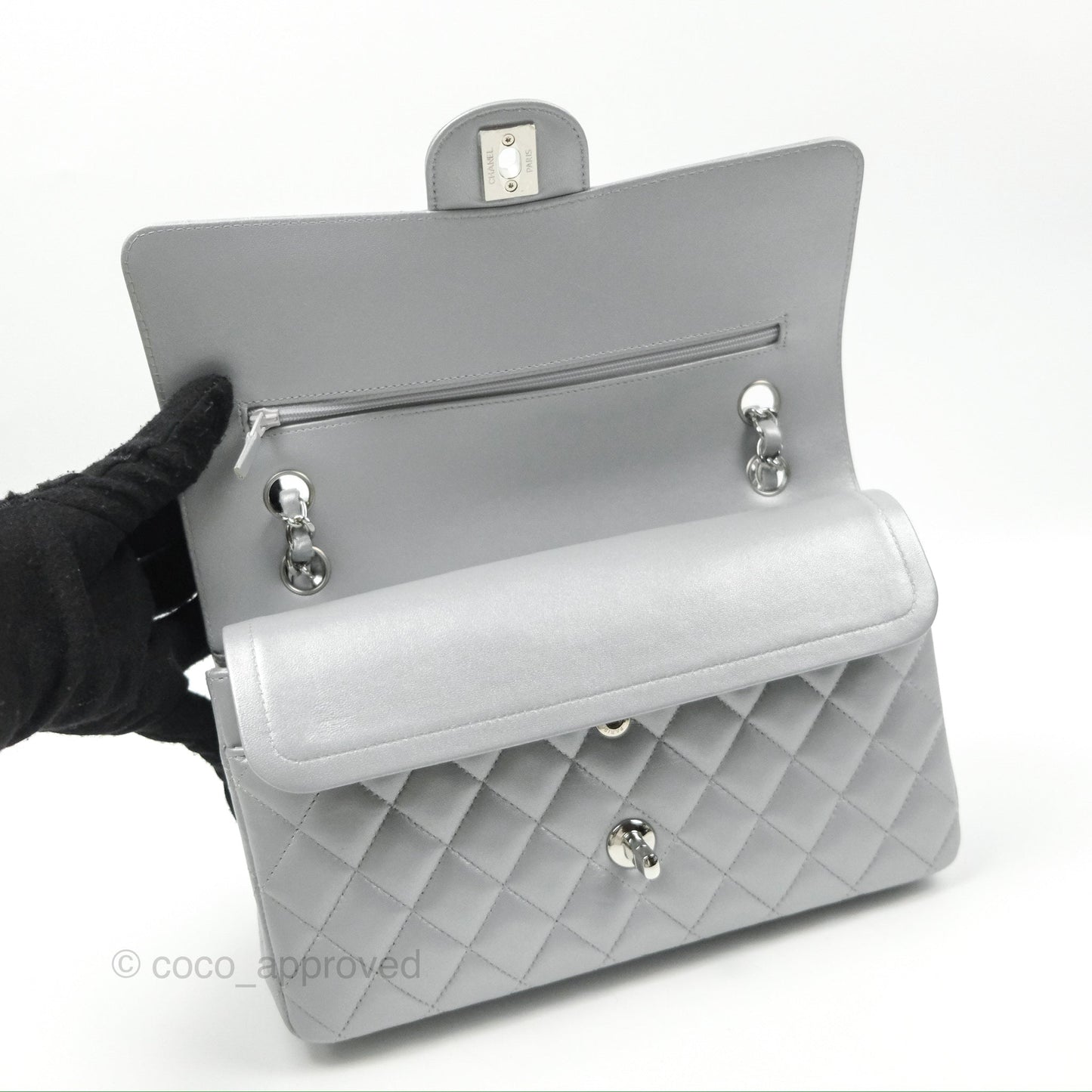 Chanel Classic M/L Medium Flap Quilted Pearly Silver Silver Hardware 23P