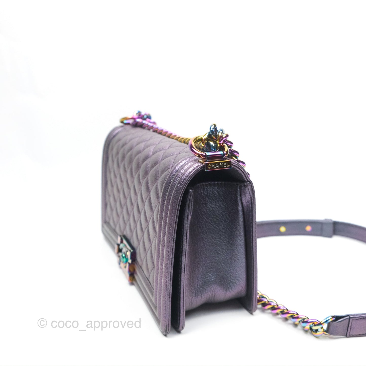 Chanel Medium Boy Quilted Iridescent Purple Goatskin Rainbow Hardware