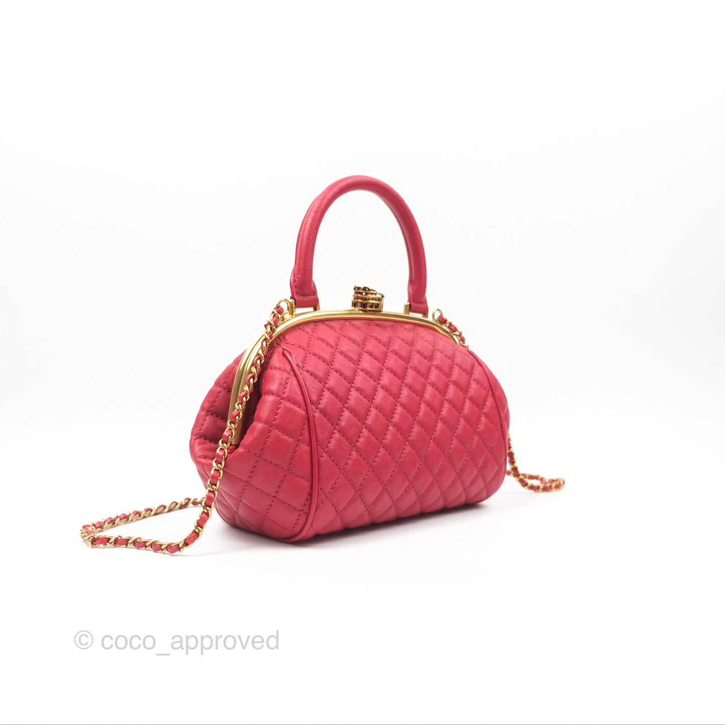 Chanel Quilted Kisslock Handbag With Chain Red Calfskin Gold Hardware