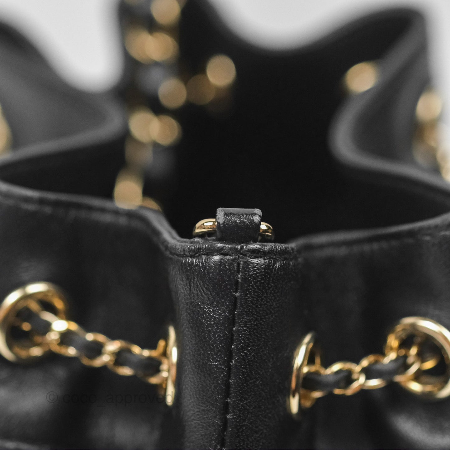 Chanel CC Chain Drawstring Bucket Bag Chevron Black Lambskin Gold Hardware