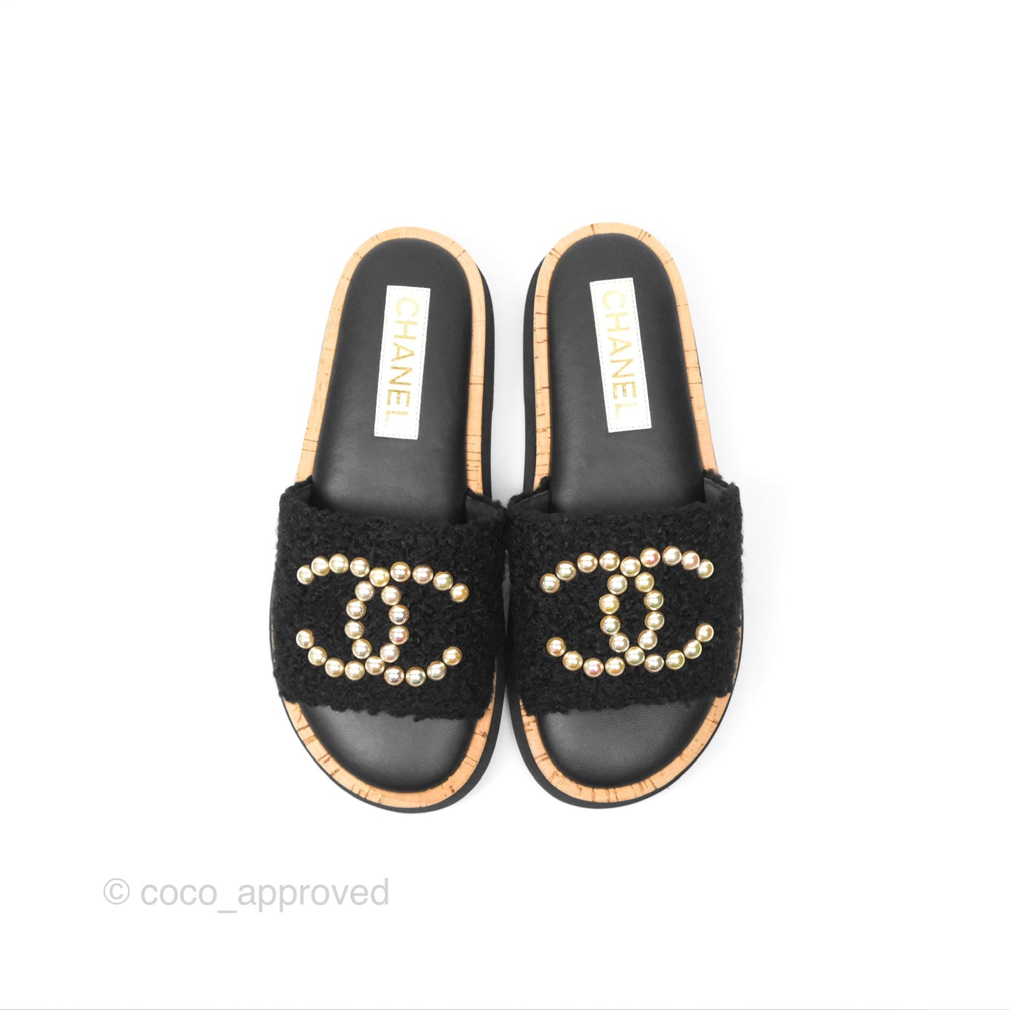 Chanel CC Mule Sandals Black Tweed Cork Size 36