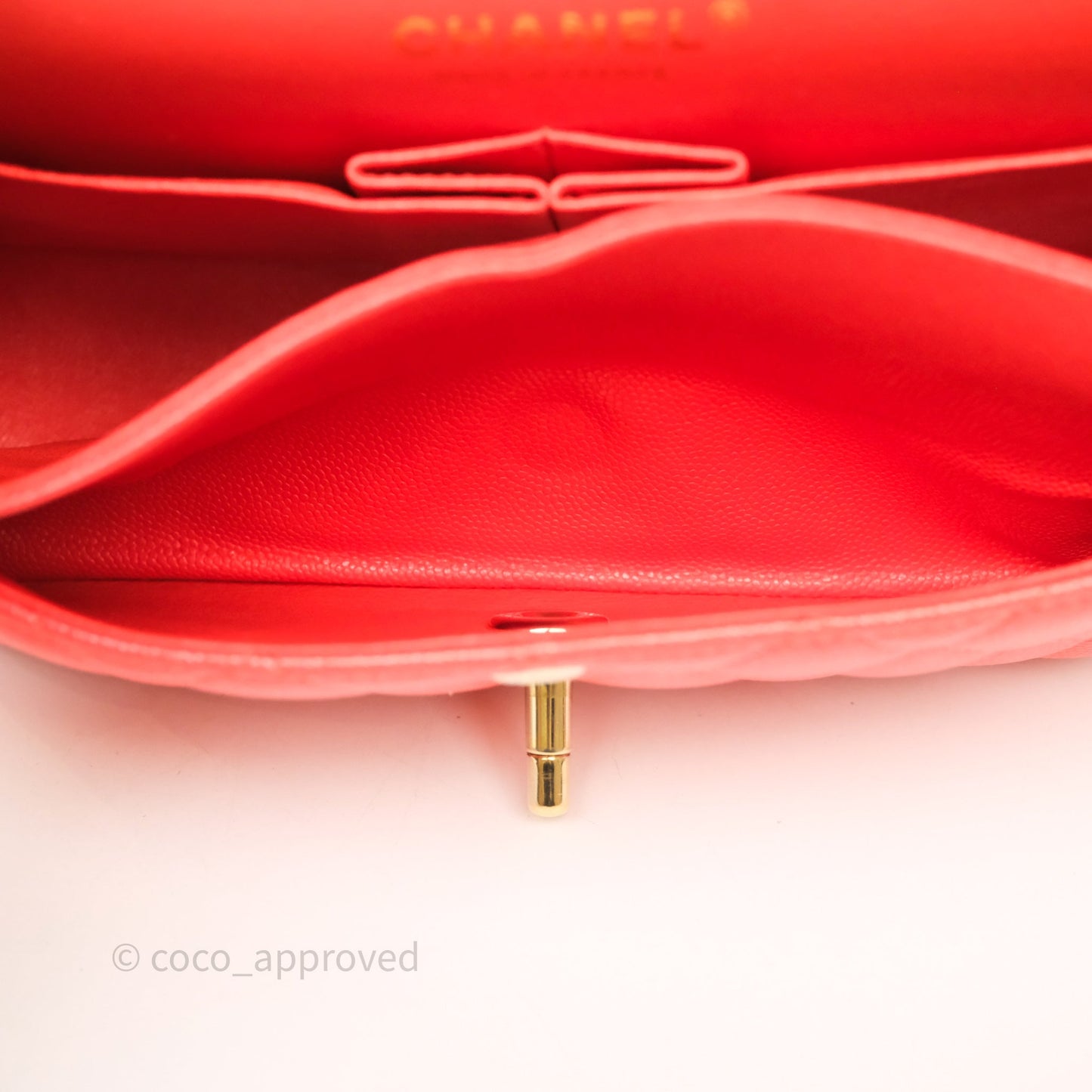Chanel Small Classic Flap Quilted Red Orange Caviar Gold Hardware