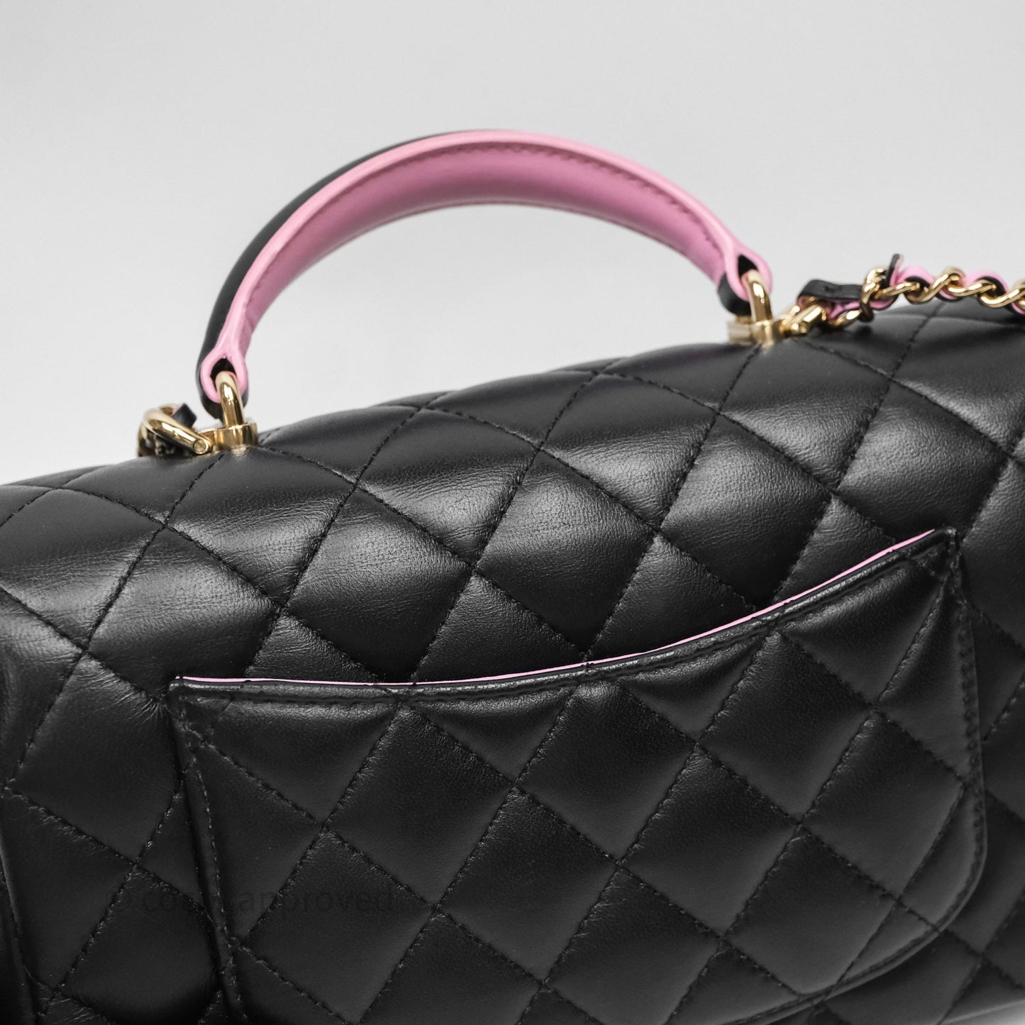 Chanel Top Handle Mini Rectangular Flap Black/Pink Lambskin Gold Hardware 23P