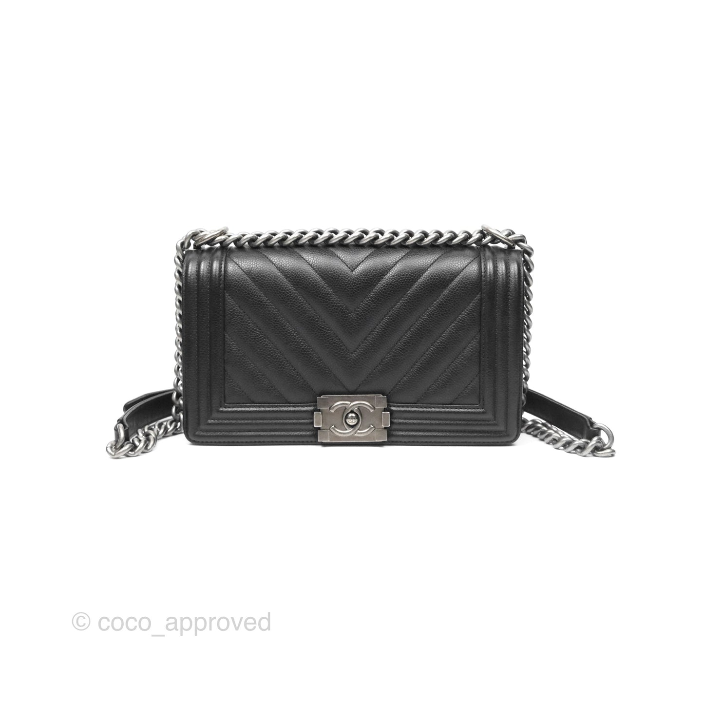 Chanel Medium Boy Chevron Black Caviar Ruthenium Hardware