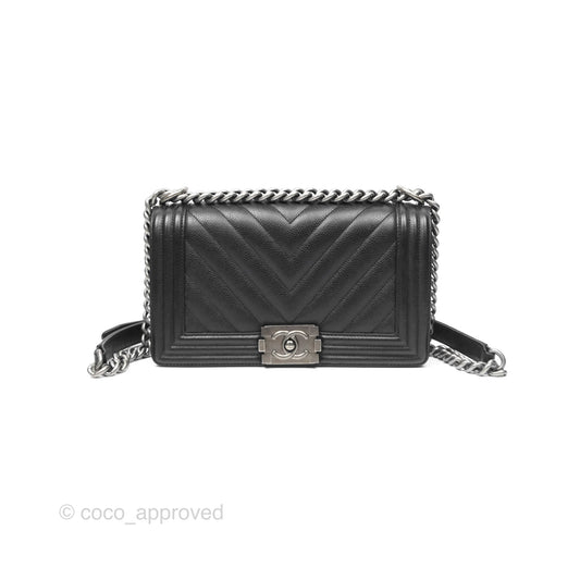 Chanel Medium Boy Chevron Black Caviar Ruthenium Hardware
