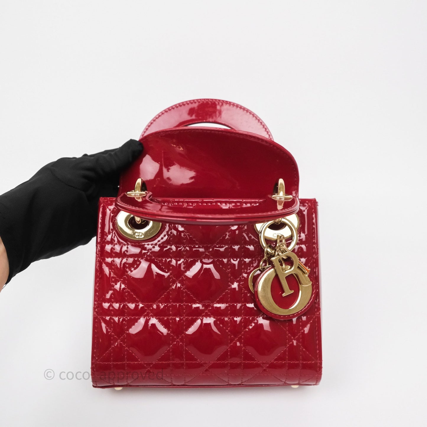Christian Dior Mini Lady Dior Red Patent Cannage Gold Hardware
