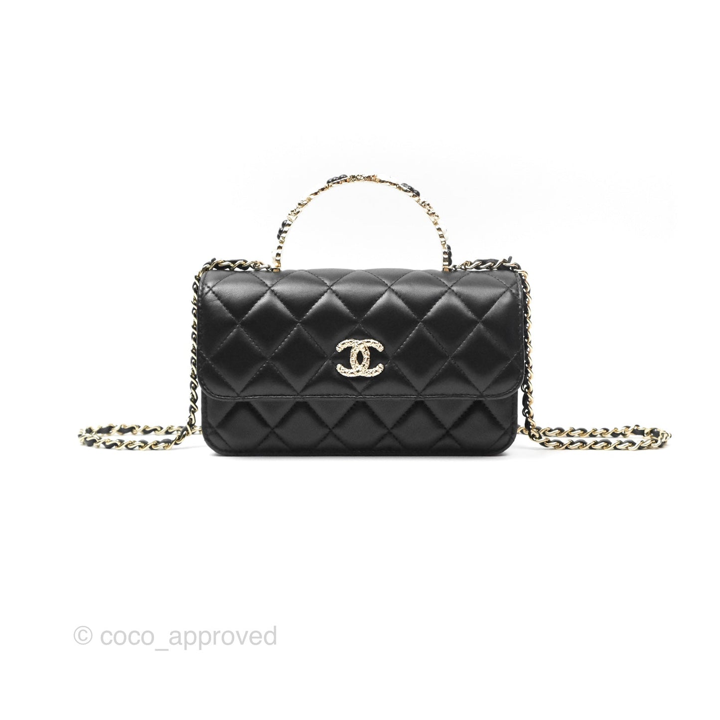 Chanel Camellia Handle Mini WOC Phone Holder with Chain Black Lambskin 23K