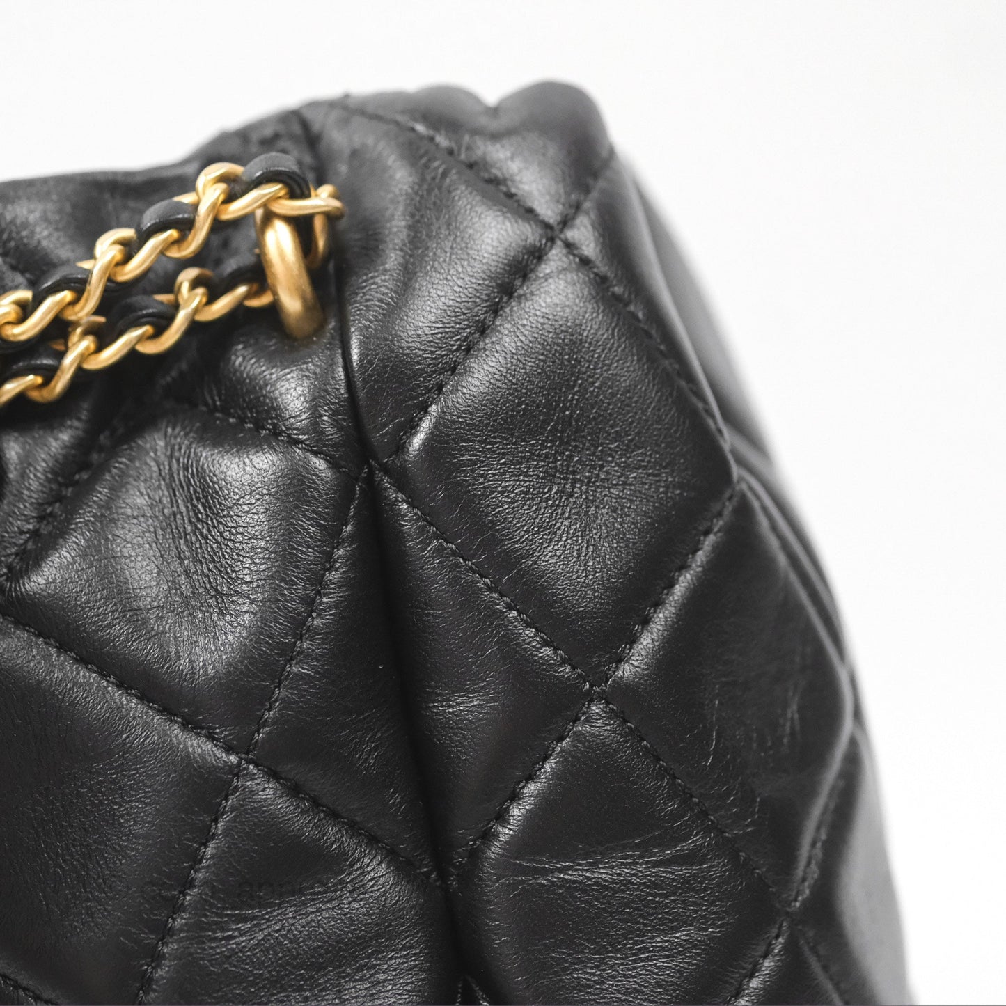 Chanel Quilted My Perfect with Pearl Drawstring Bucket Bag Black Lambskin Aged Gold Hardware