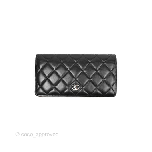 Chanel Classic Quilted Long Wallet Black Lambskin Silver Hardware