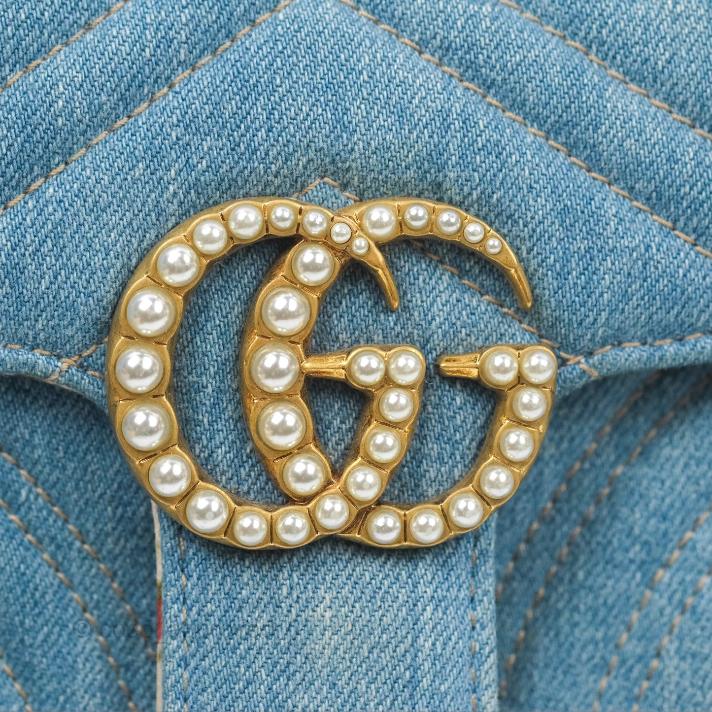 Gucci Mini Marmont Denim Pearl Gold Hardware