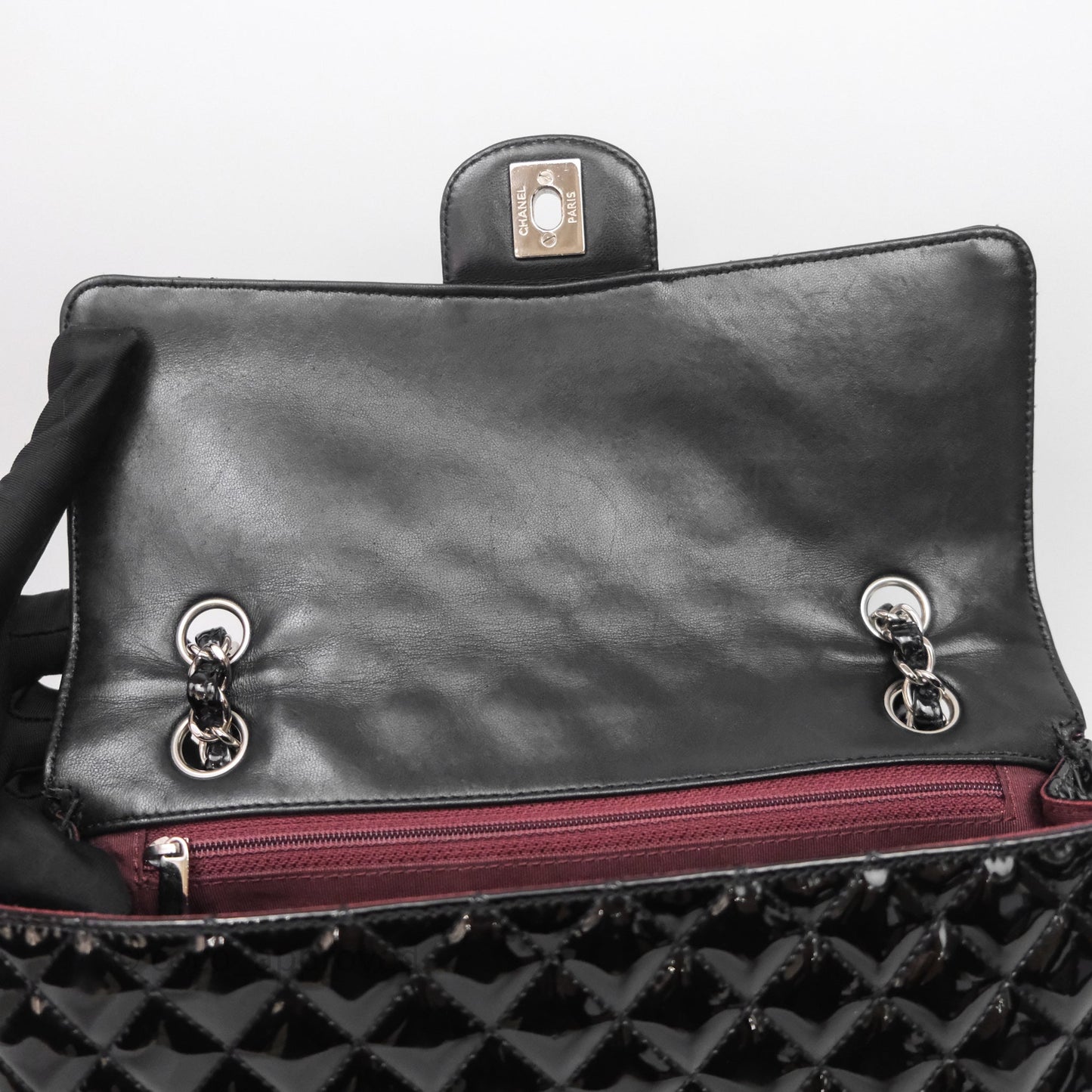 Chanel Quilted Medium Flap Black Patent Silver Hardware