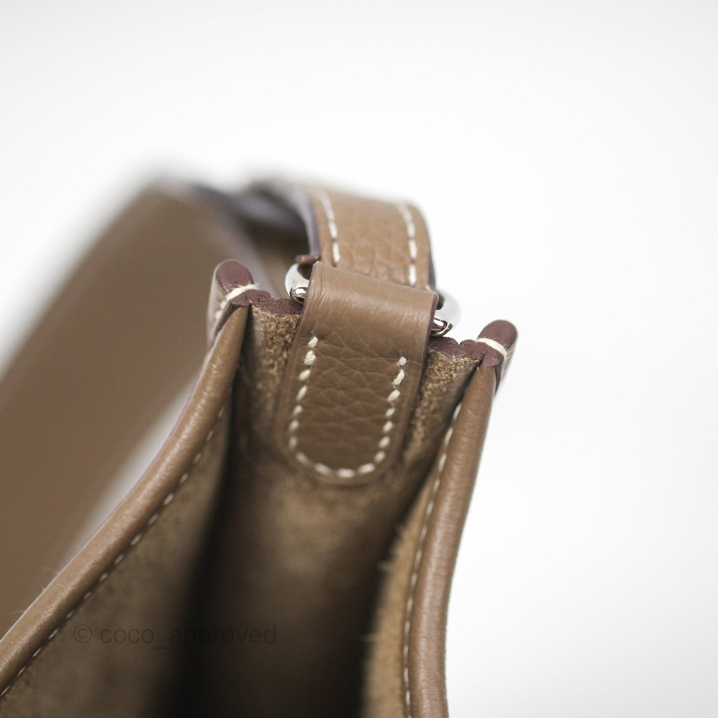 Hermès Mini Evelyne 16 Etoupe 18 Clemence Palladium Hardware with Bleu Indigo Strap