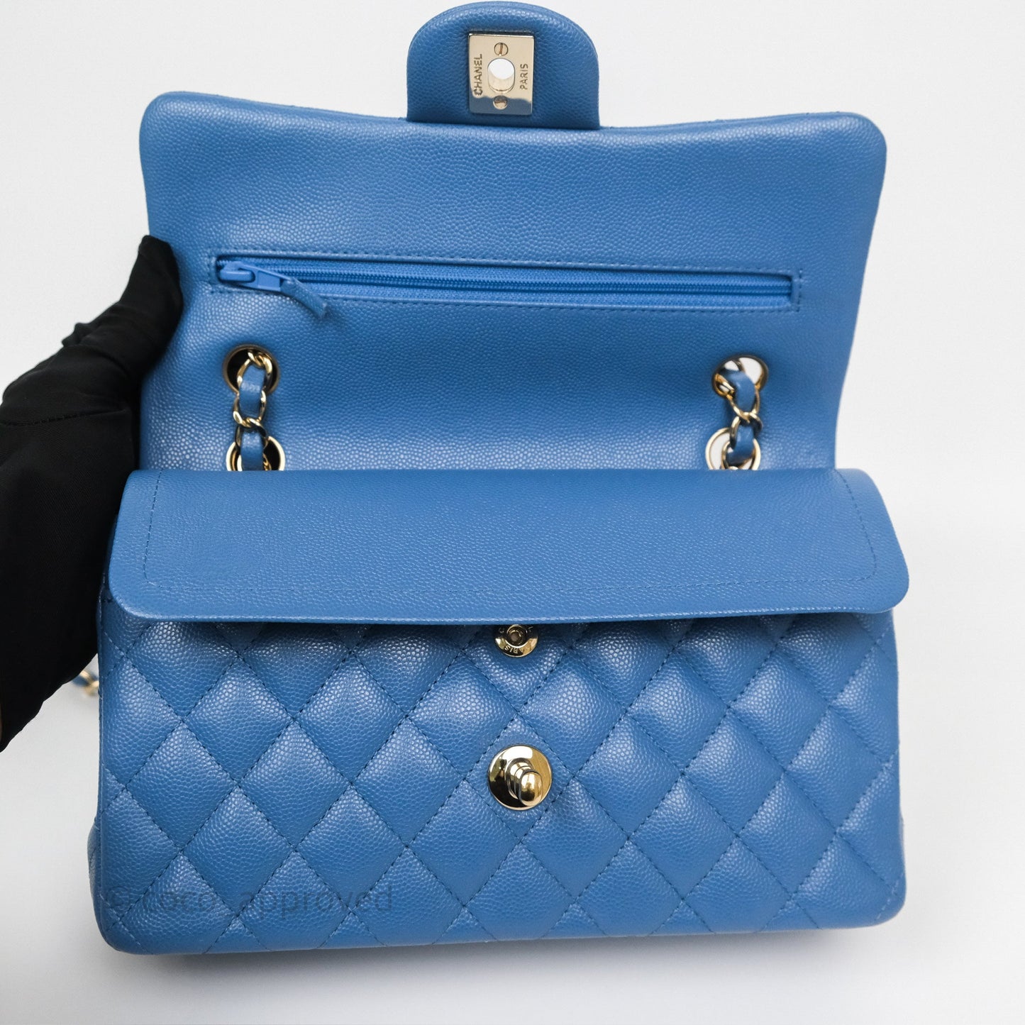 Chanel Small Classic Quilted Flap Blue Caviar Gold Hardware