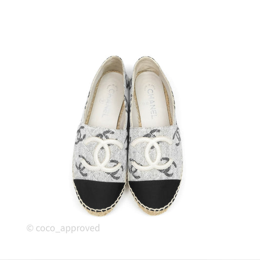 Chanel CC Espadrilles in Grey Cotton Jacquard Black Grosgrain 22S Size 38