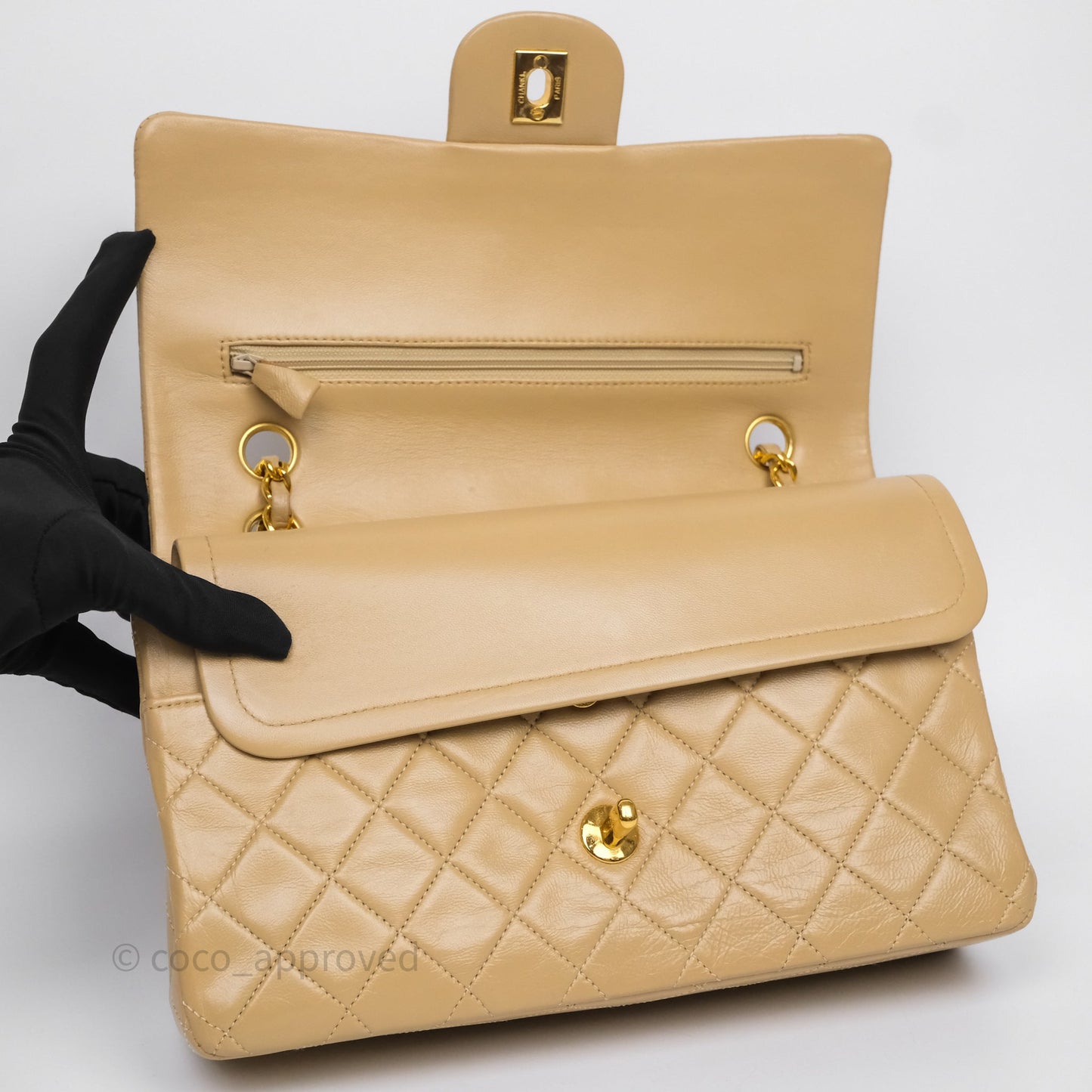 Chanel Vintage Medium Classic Flap Beige Lambskin 24K Gold Hardware