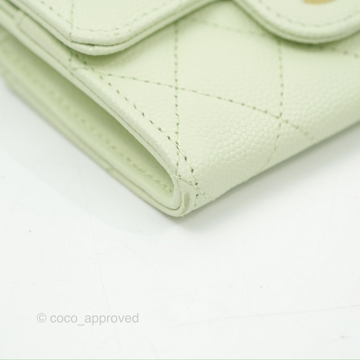Chanel Quilted Flap Card Holder Light Green Caviar Gold Hardware