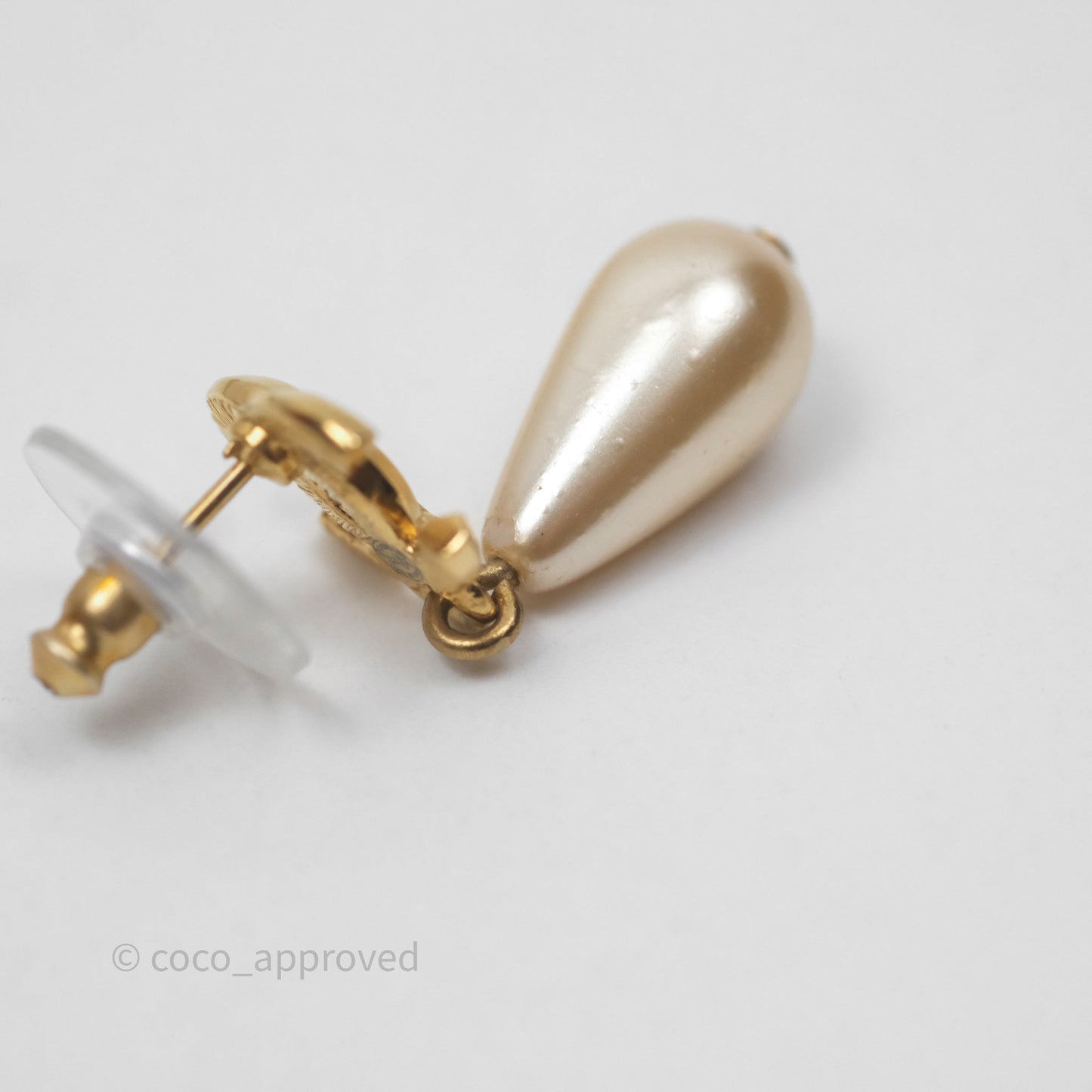 Chanel CC Drop Pearl Earrings Gold Tone 20A