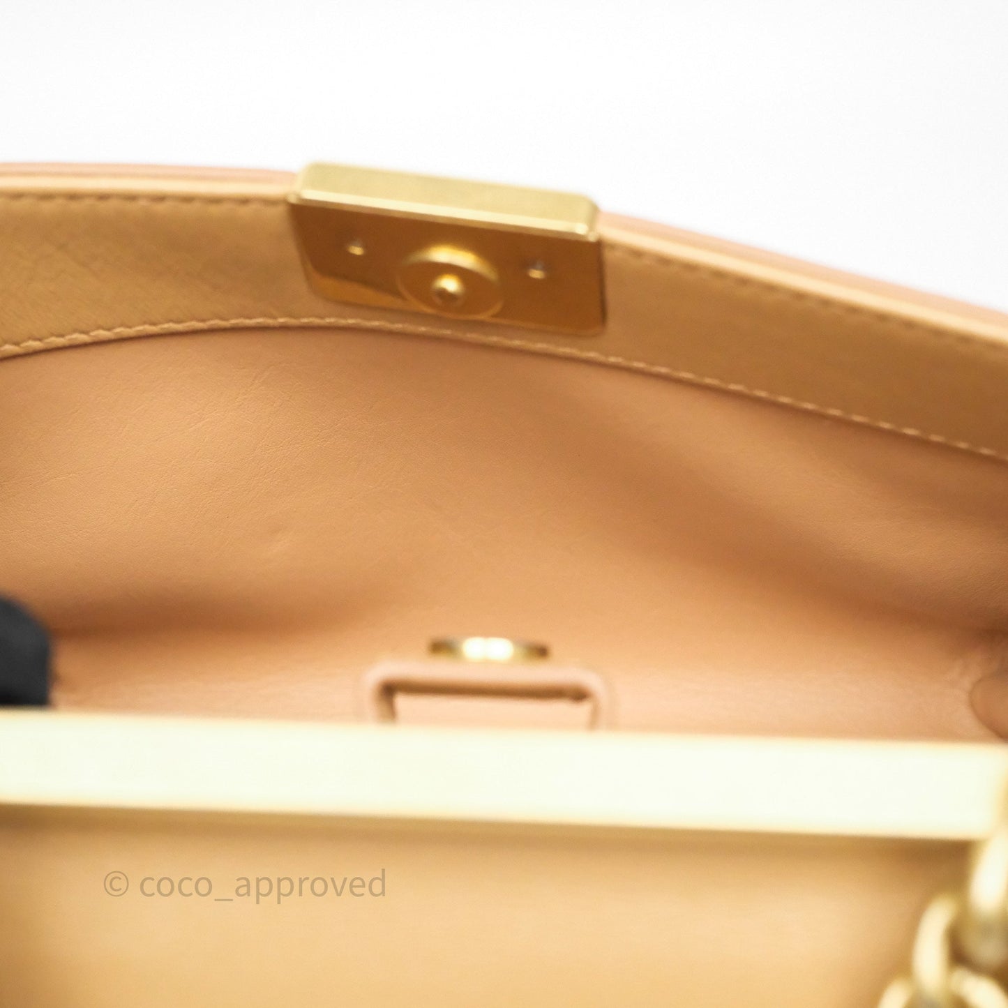 Chanel Small Coco Luxe Flap Bag Caramel Beige Calfskin Aged Gold Hardware