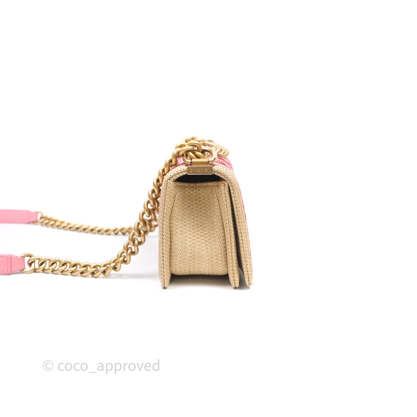 Chanel Small Boy Chevron Raffia Metallic Pink Aged Gold Hardware