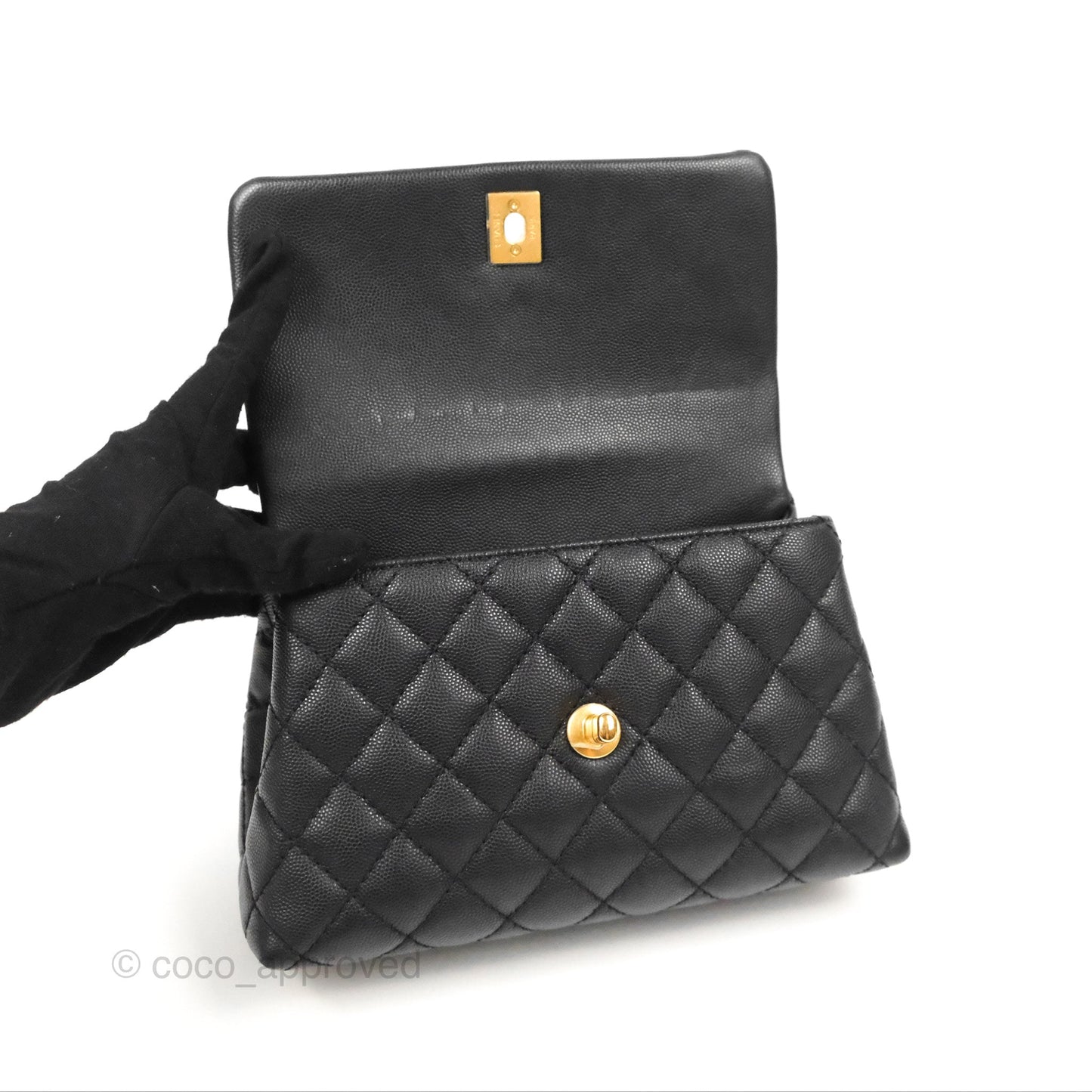 Chanel Small Coco Handle Quilted Black Caviar Aged Gold Hardware Lizard Handle