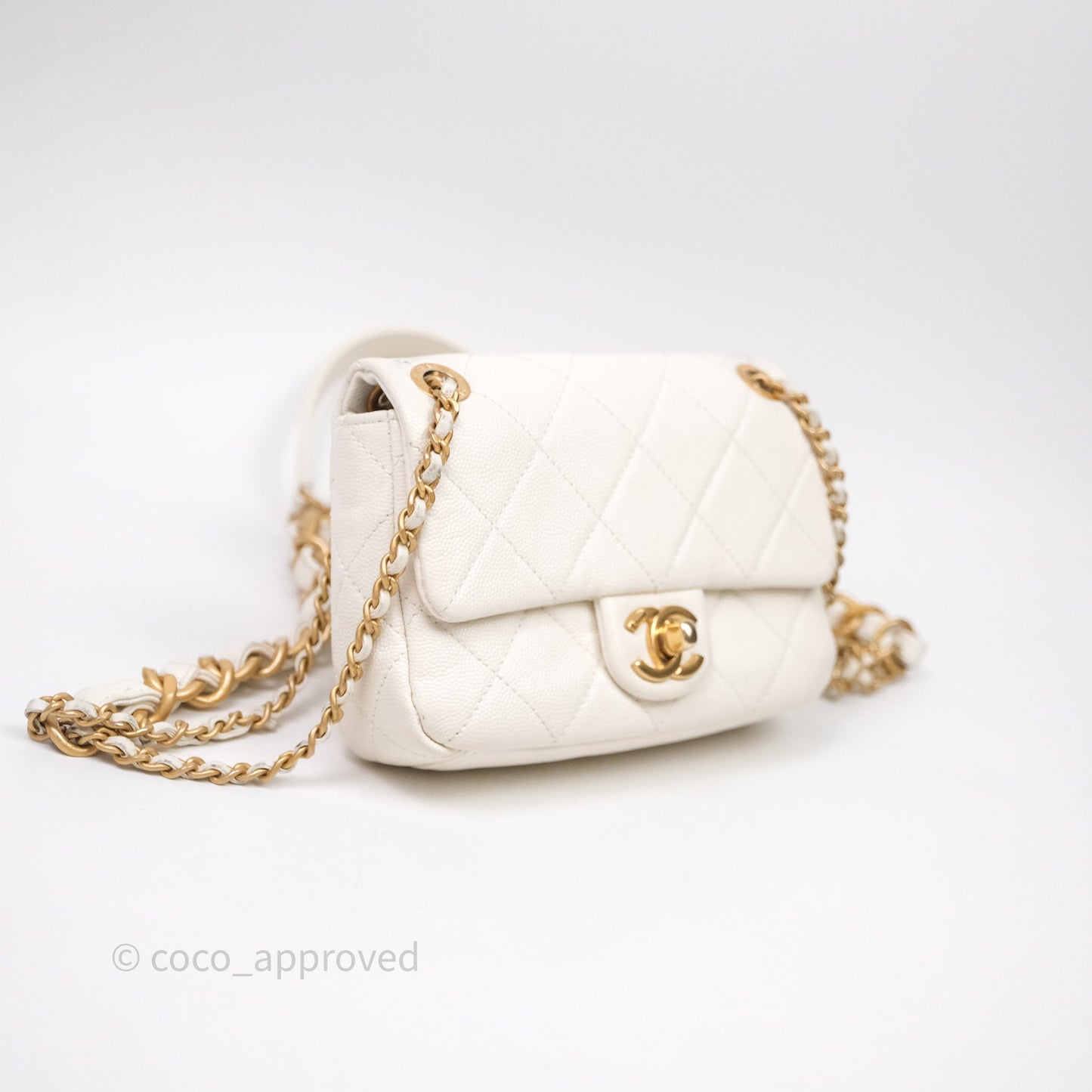 Chanel Mini Flap White Caviar Bag Double Chain Gold Hardware