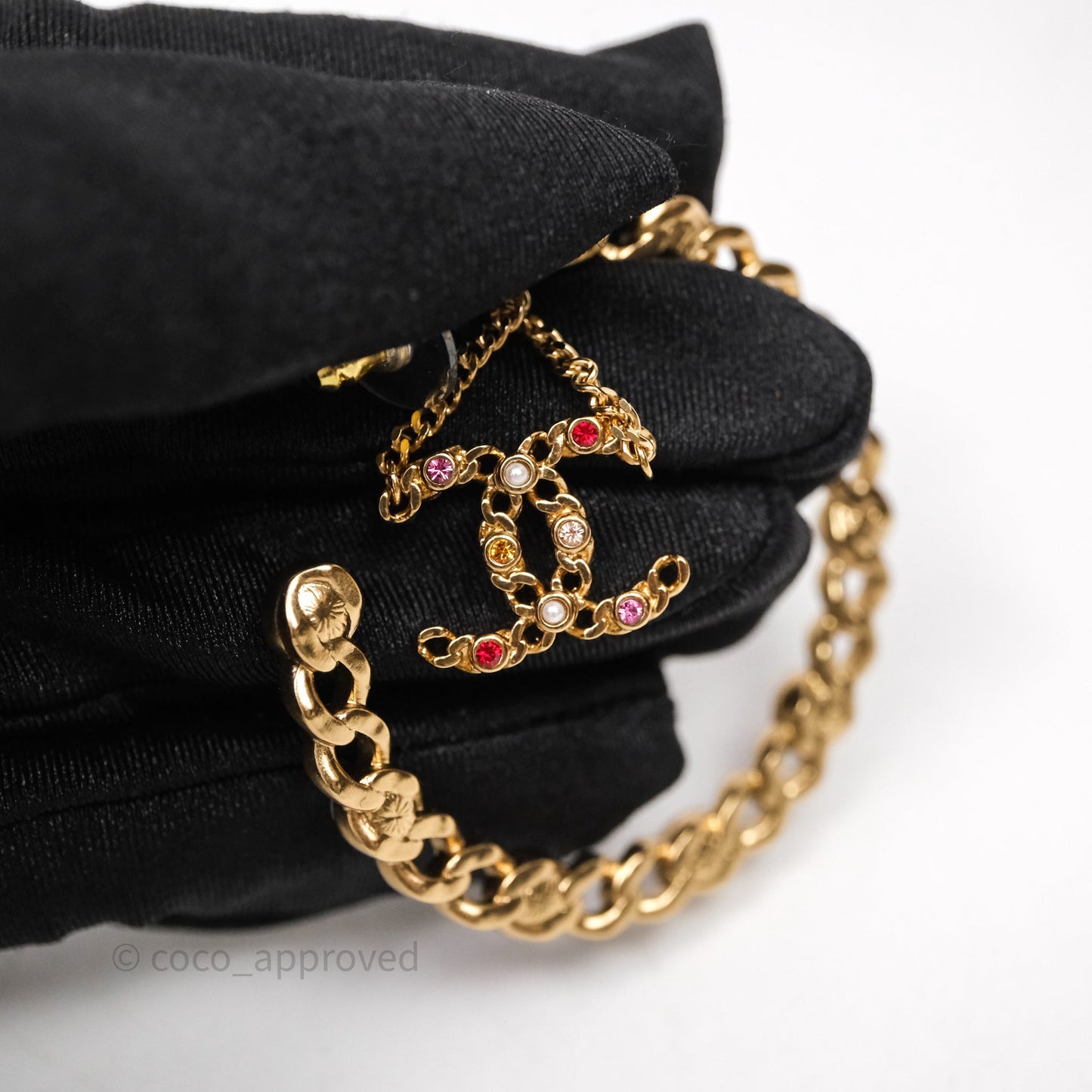 Chanel CC Pearl Crystal Hoop Earrings Gold Tone 21P