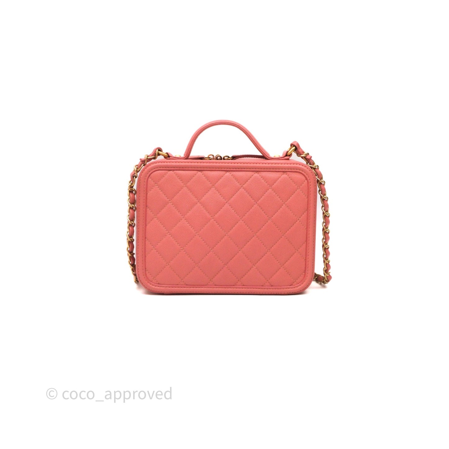 Chanel Medium CC Filigree Vanity Case Quilted Pink Caviar Aged Gold Hardware
