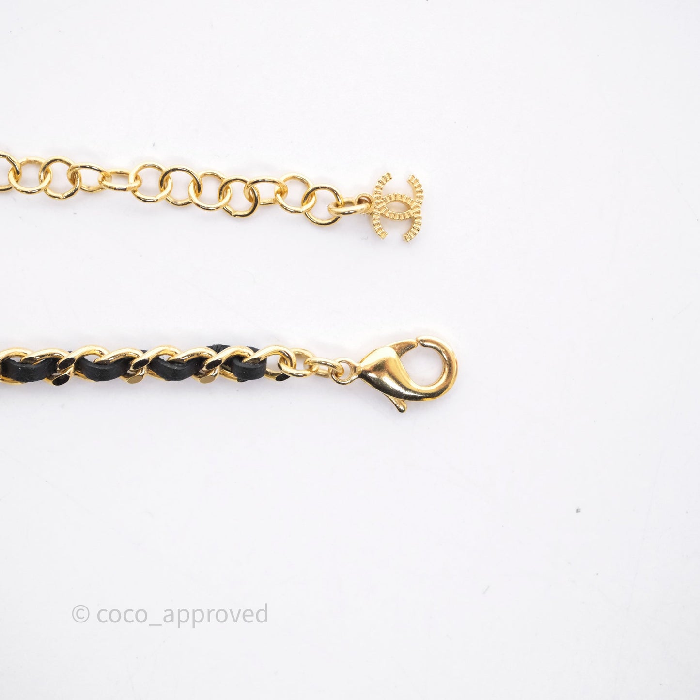 Chanel Oval Crystal CC Leather Chain Necklace Gold Tone 24A