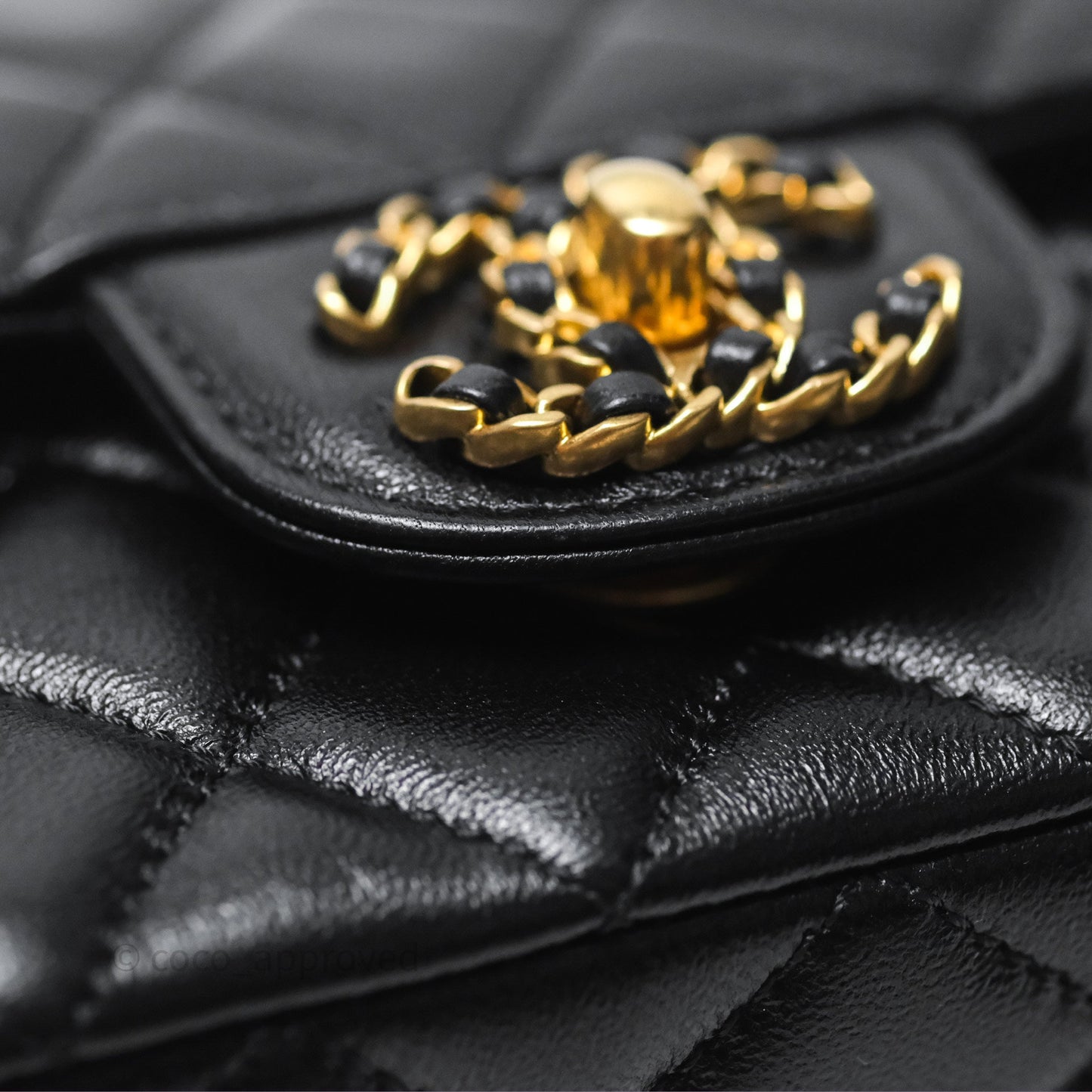 Chanel Flap Bag with Crystal Logo Top Handle Black Lambskin Aged Gold Hardware