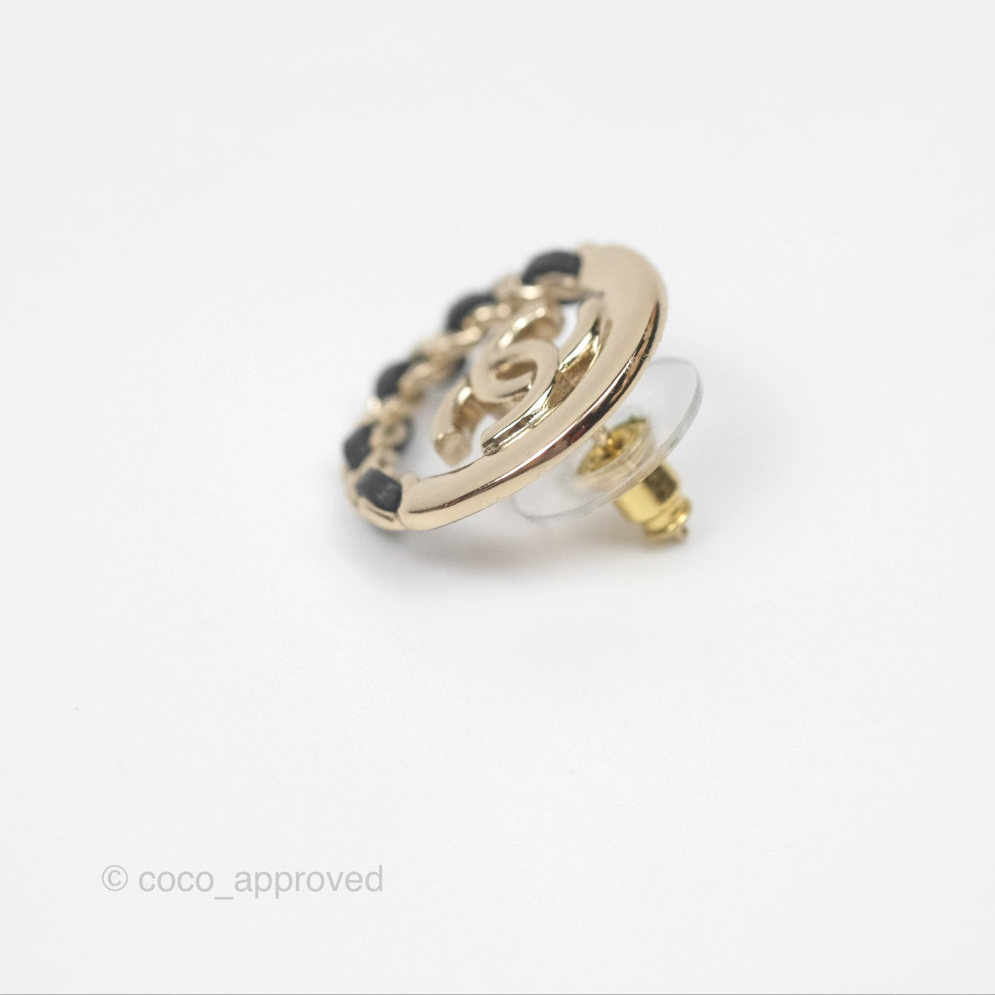Chanel CC Woven Chain Black Round Earrings Gold Tone 24V