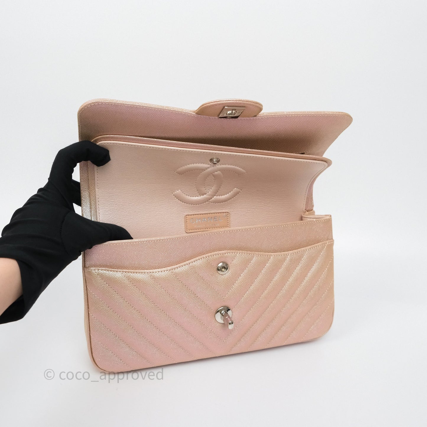 Chanel Classic Medium Double Flap Chevron Iridescent Rose Gold Pink Caviar 17B