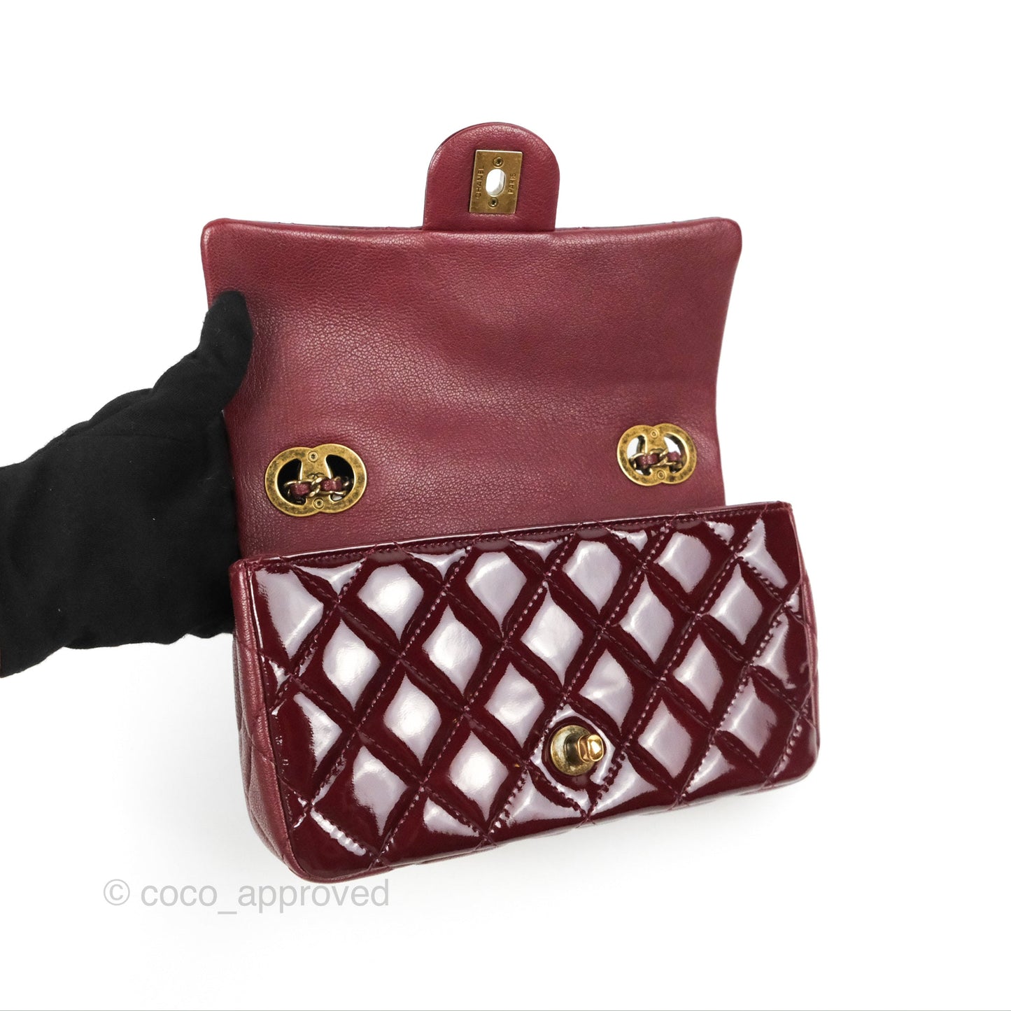 Chanel Quilted CC Eyelet Flap Burgundy Patent Goatskin Antique Gold Hardware