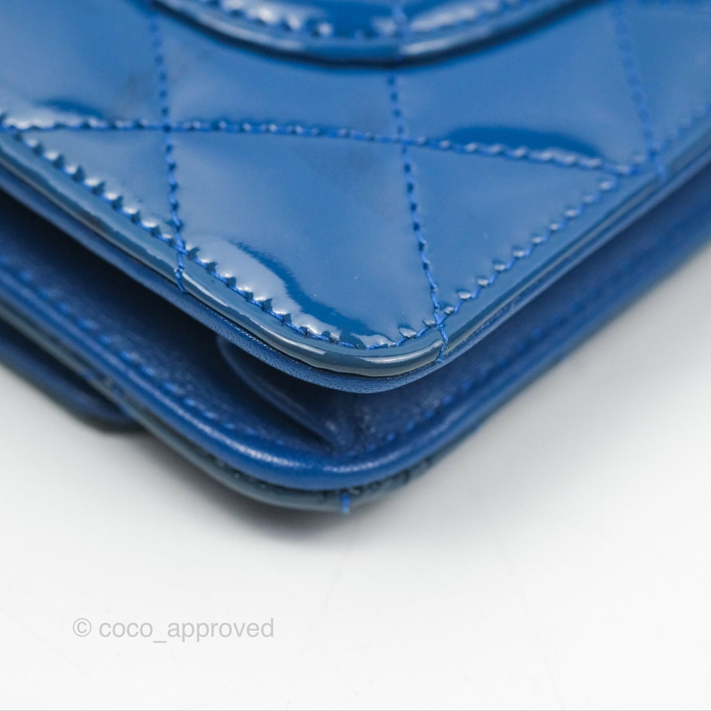 Chanel Quilted Classic Wallet on Chain WOC Blue Patent Silver Hardware
