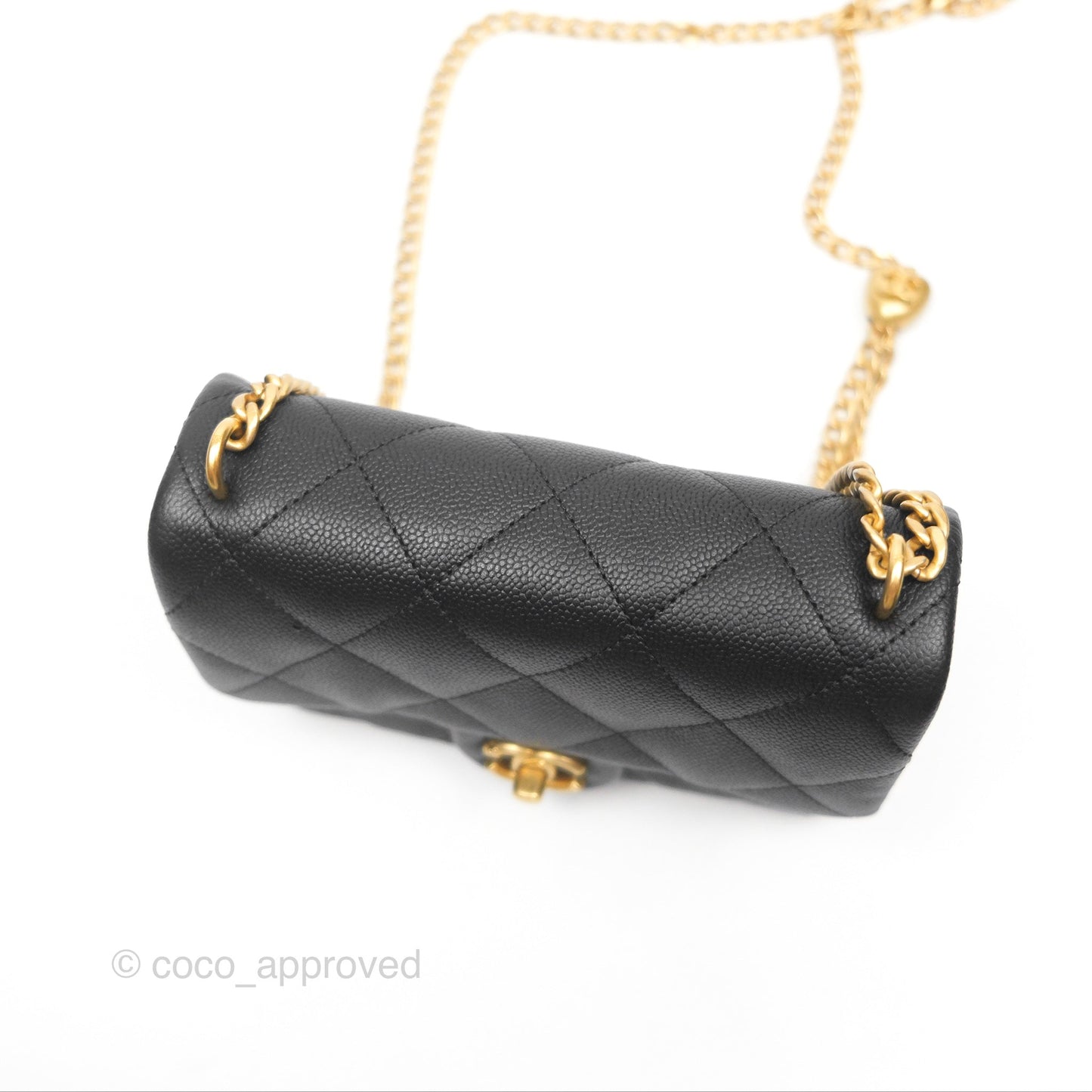 Chanel Mini Flap Bag Heart Adjustable Chain Black Caviar Aged Gold Hardware