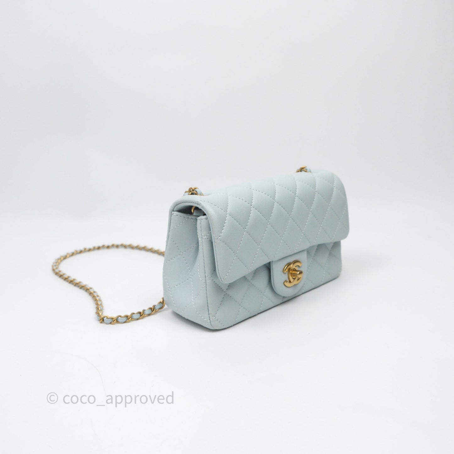 Chanel Pearl Crush Mini Rectangular Light Blue Lambskin Aged Gold Hardware