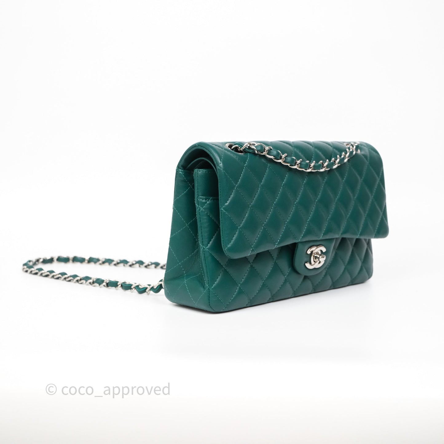 Chanel Medium Classic Flap Quilted Dark Green Lambskin Silver Hardware