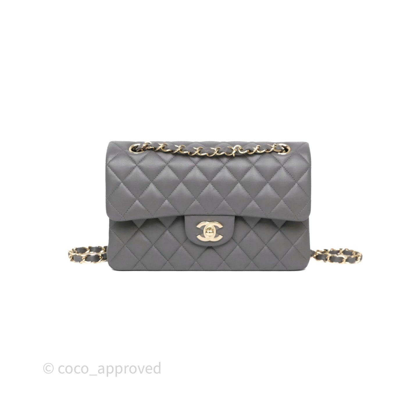Chanel Small Quilted Classic Flap Grey Lambskin Light Gold Hardware