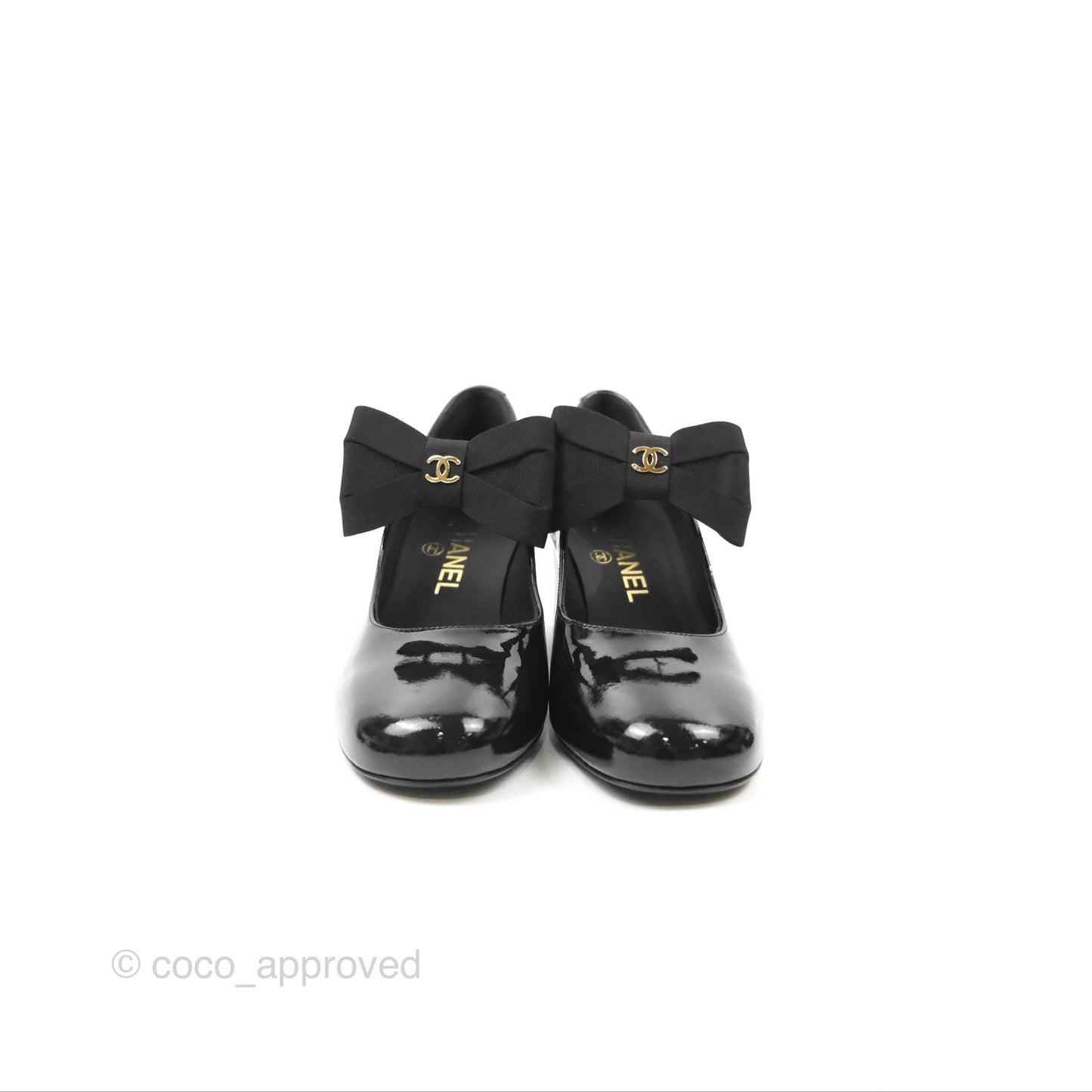 Chanel CC Ribbon Mary Jane Block Heels Black Patent 24C