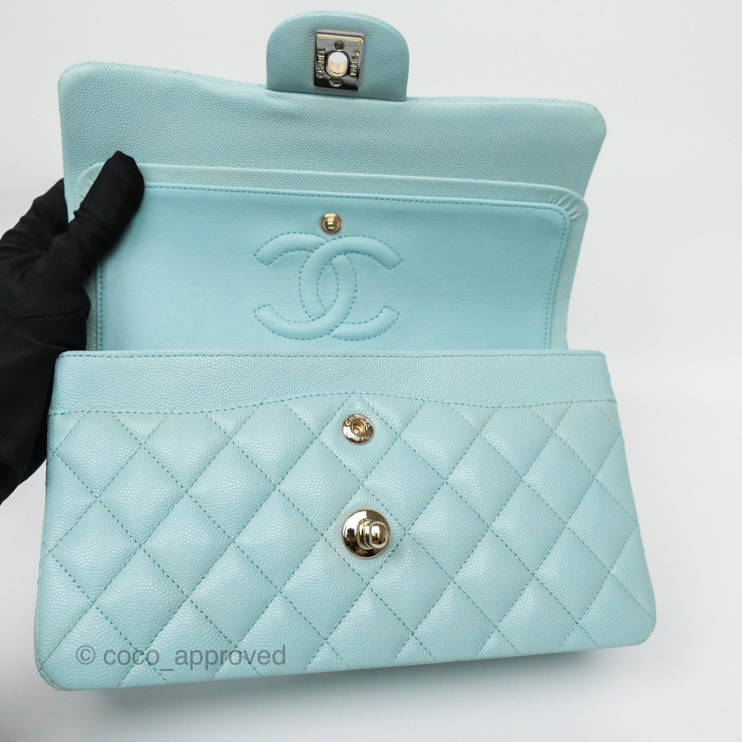 Chanel Small S/M Classic Flap Quilted Tiffany Blue Caviar Gold Hardware
