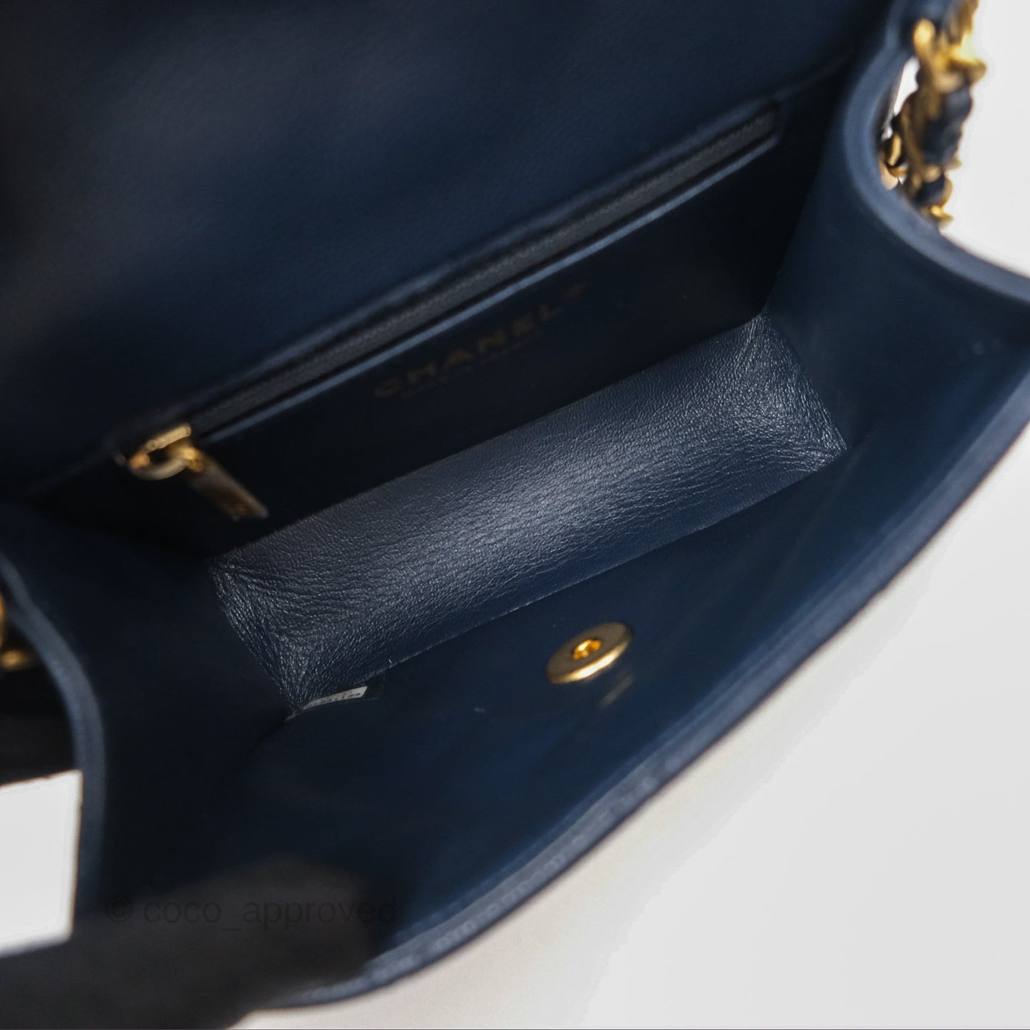 Chanel Mini Square Sweet Quilted Flap Navy Caviar Aged Gold Hardware 21P