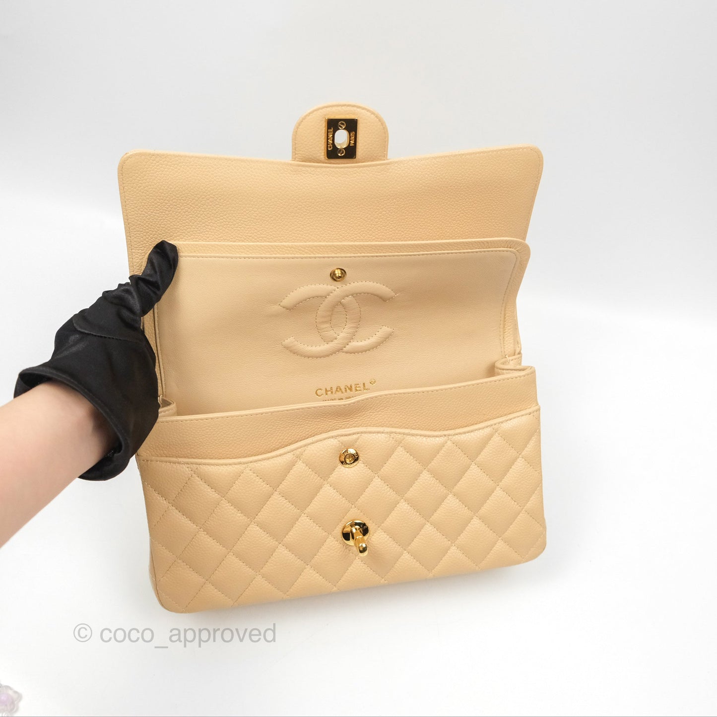 Chanel Classic M/L Medium Flap Quilted Beige Caviar Gold Hardware