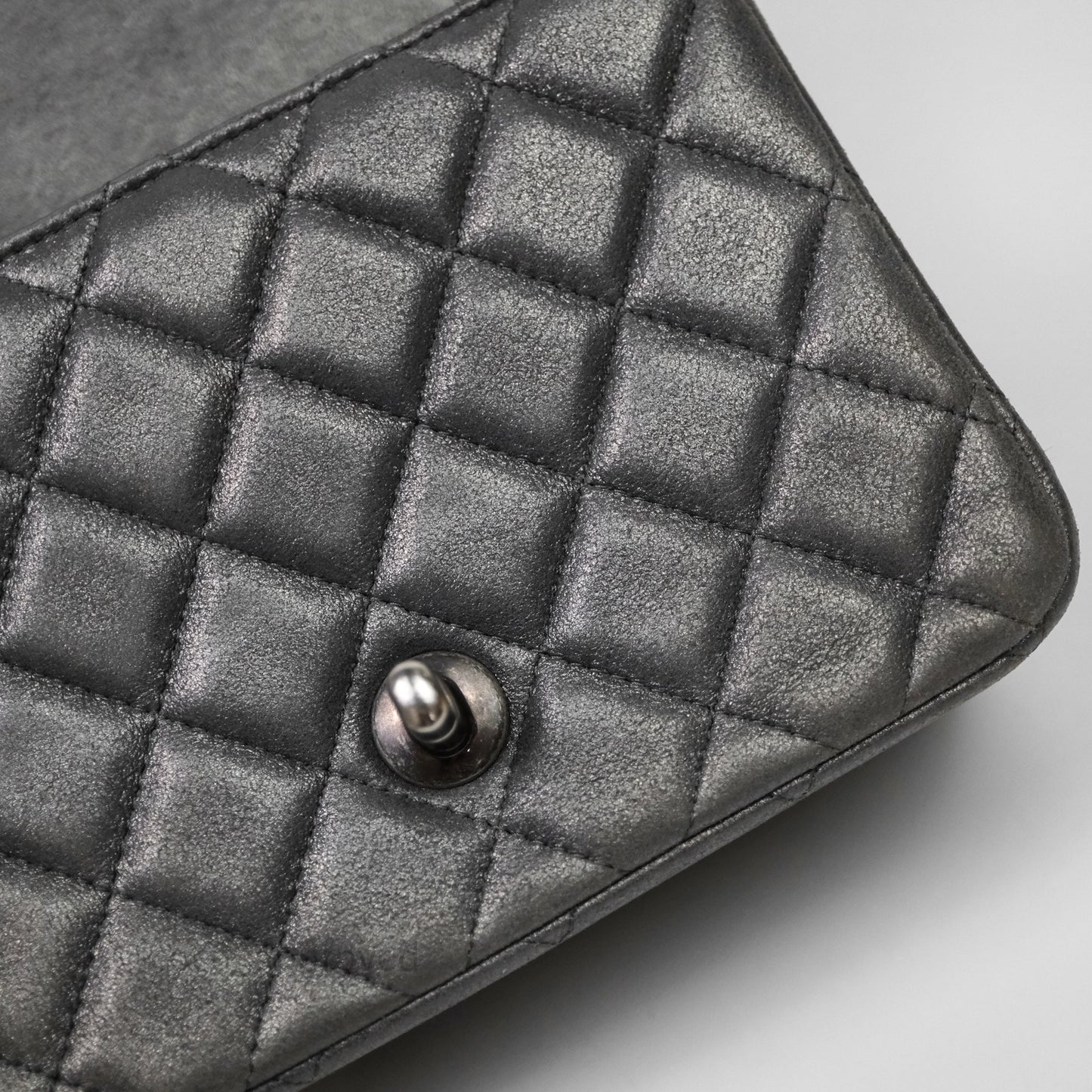 Chanel Mini Square Iridescent Grey Suede Gun Metal Hardware