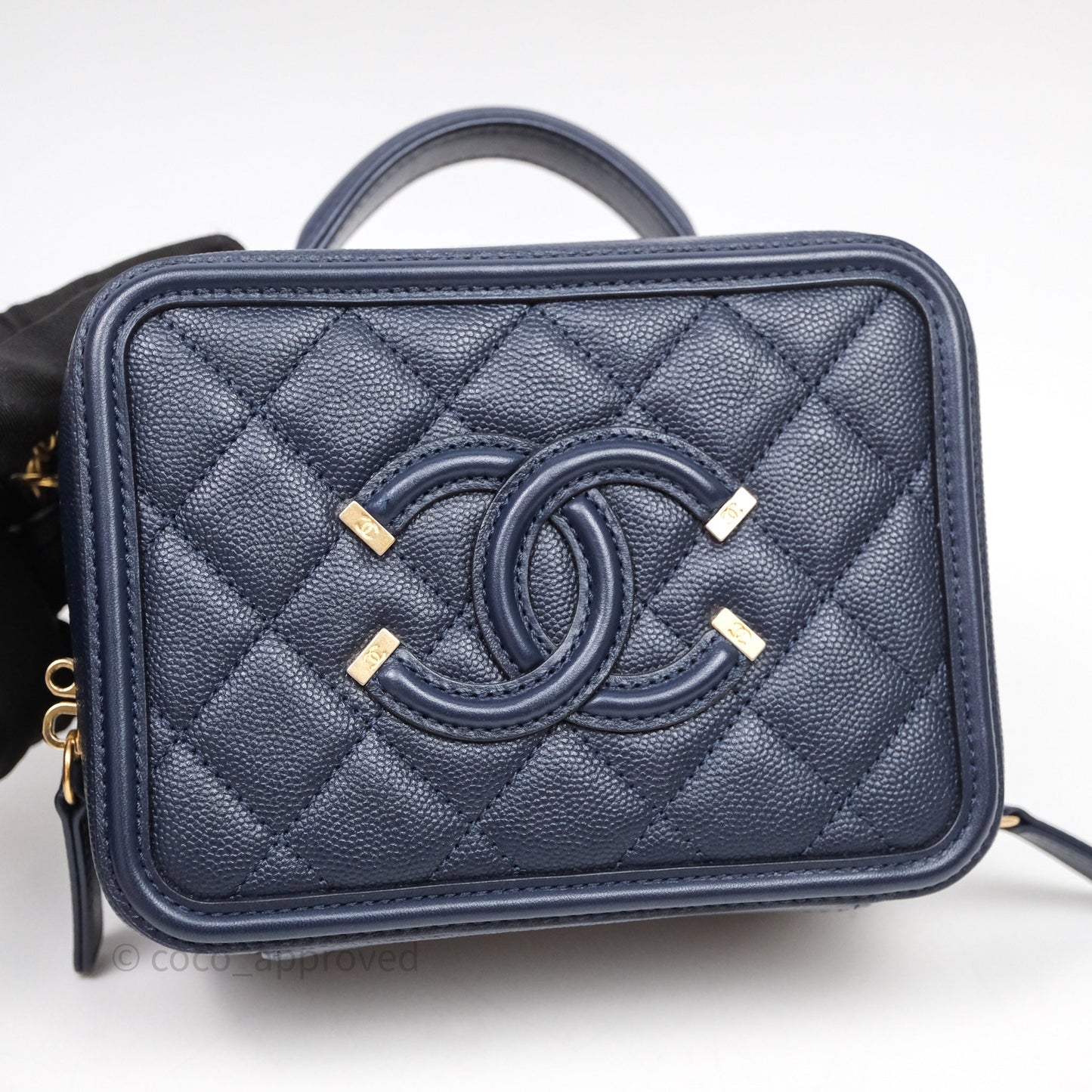 Chanel Quilted Small CC Filigree Vanity Case Navy Caviar Gold Hardware