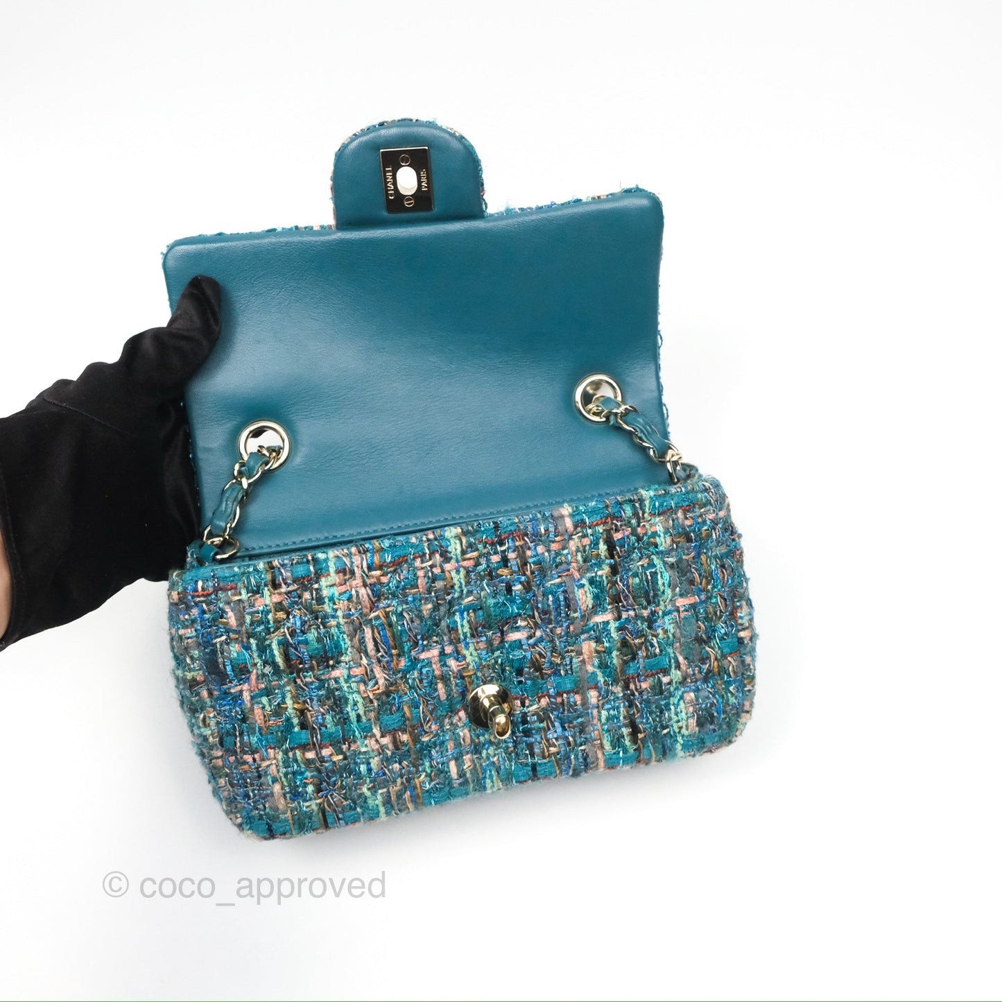 Chanel Mini Rectangular Flap Teal Tweed Gold Hardware