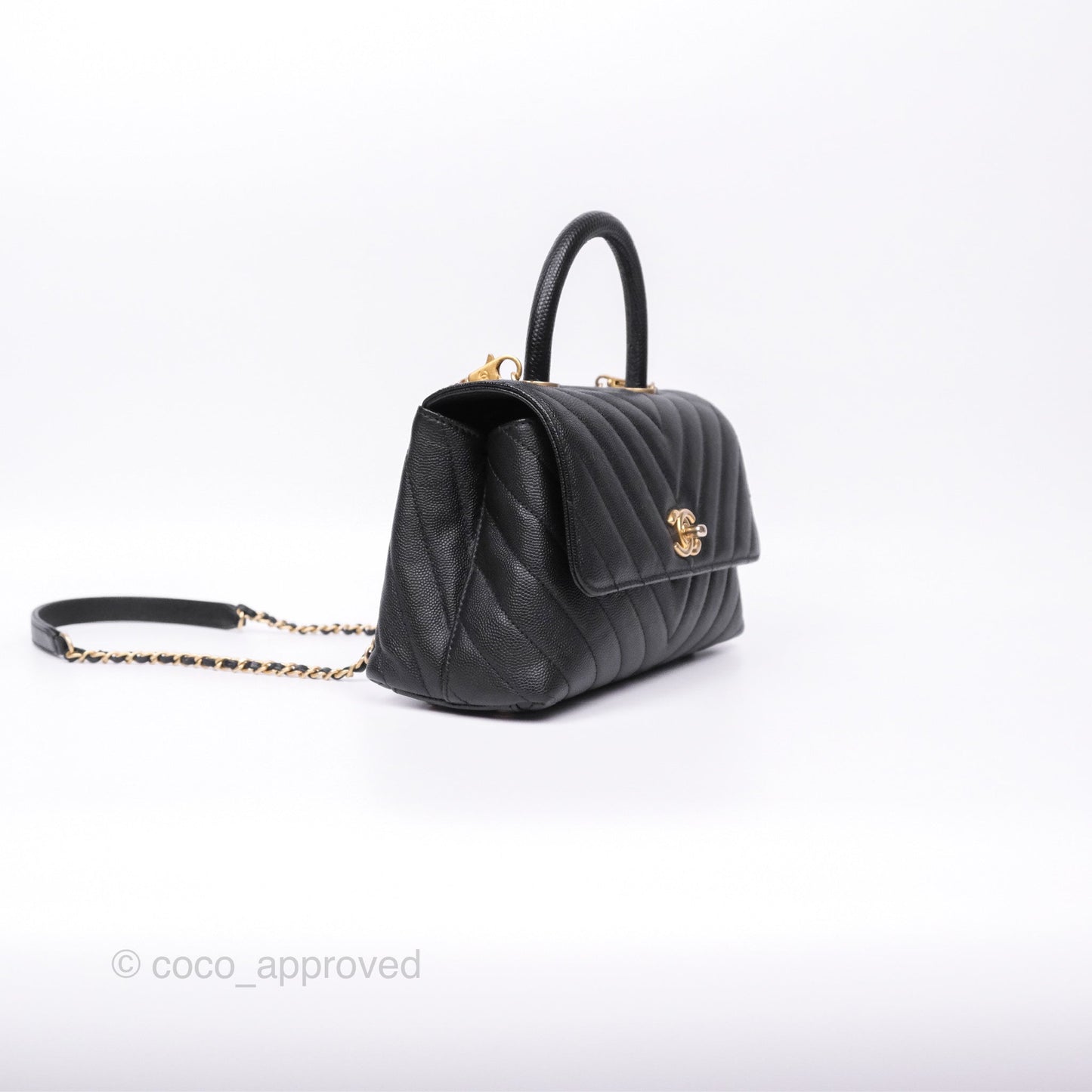 Chanel Small Coco Handle Chevron Black Caviar Aged Gold Hardware Lizard Handle