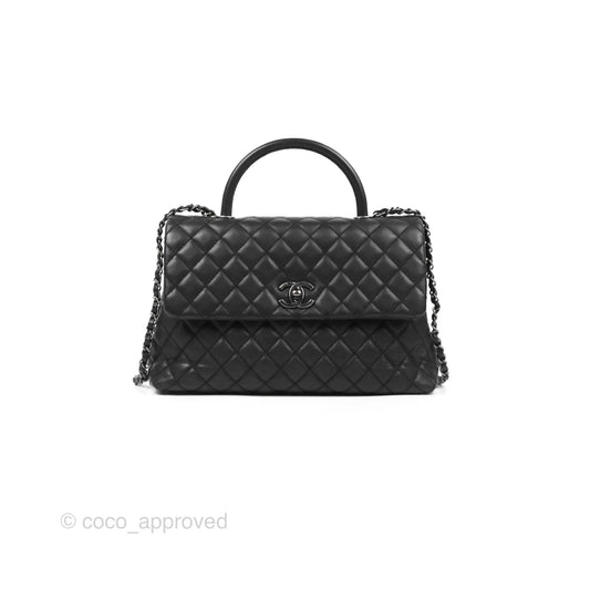 Chanel Large Coco Handle Quilted Black Caviar Ruthenium Hardware